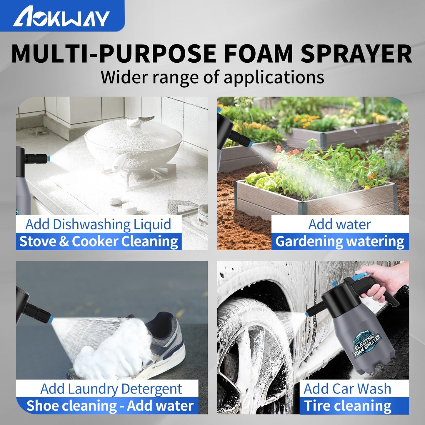 aokway Electric Foam Sprayer Car Wash, Pump Sprayer Battery Powered Rechargeable for Garden, Car Foam Sprayer for Cleaning Detailing Handheld Spray Foam Gun