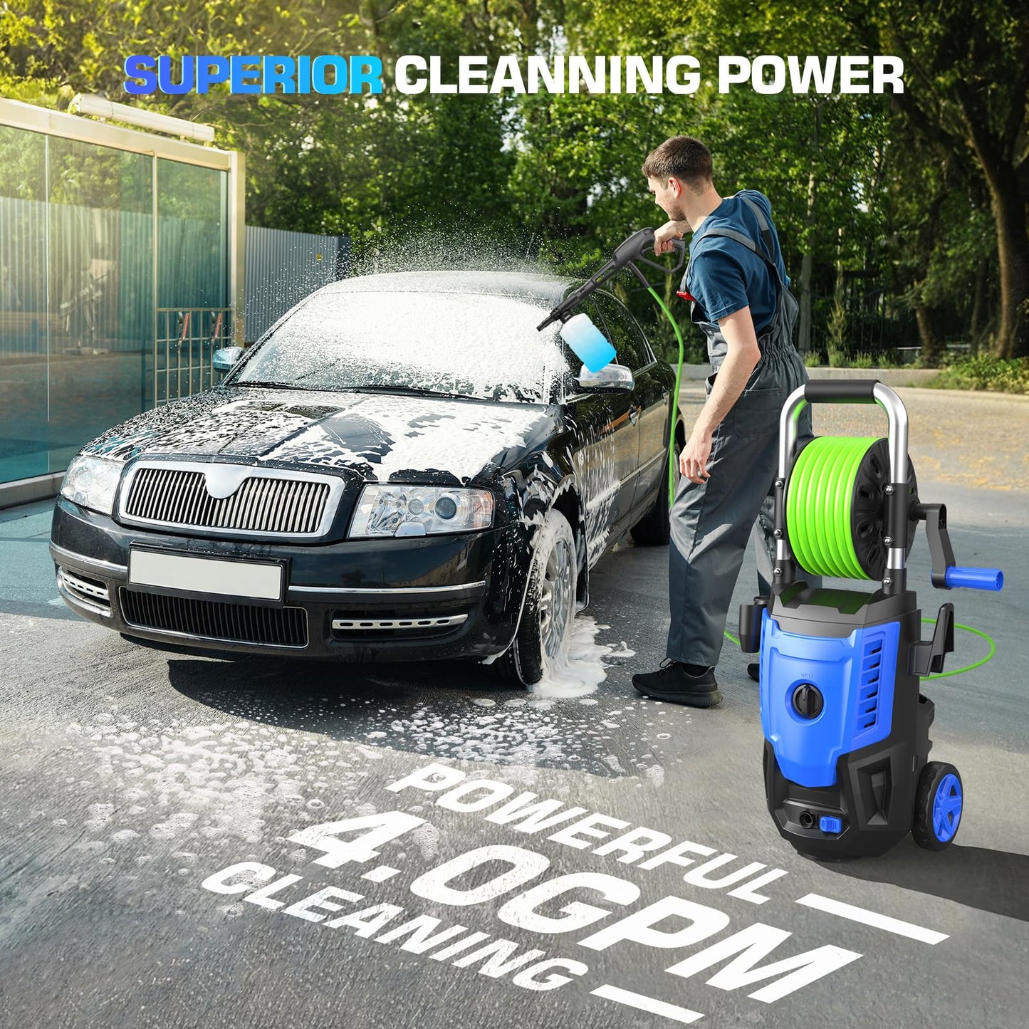 4800 PSI Pressure Cleaner- 4.0 GPM High Power Cleaner with 33FT Hose Reel, 4 Spray Tips and Soap Bottle for Car Washing, Fence Cleaning, Patio Maintenance(Upgraded)(Blue)