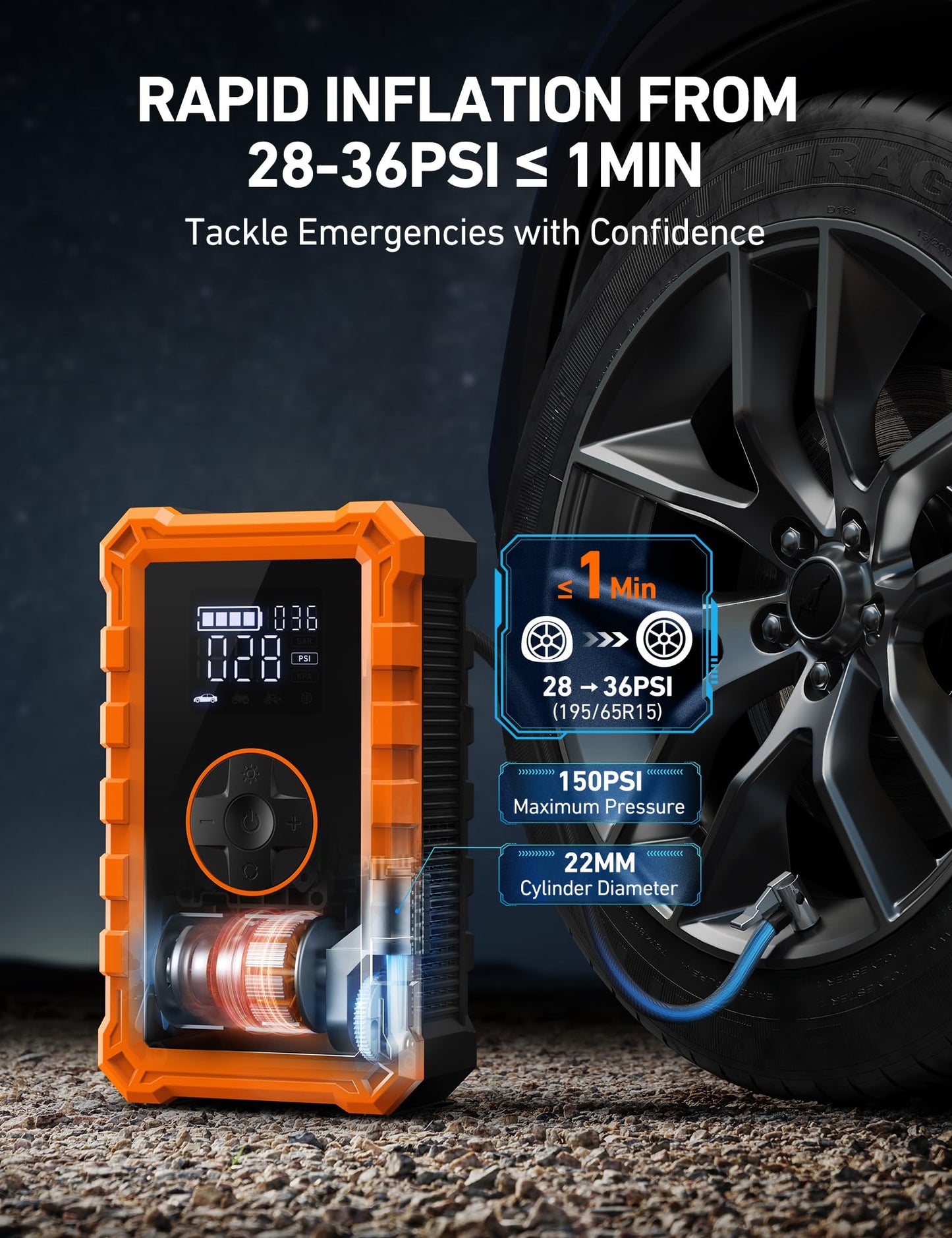 AstroAI S8 Air Jump Starter with Air Compressor, 1500A Peak Car Battery Jump Starter Portable (6.0 Gas/3.0L Diesel) with 150PSI Cordless Auto-Shutoff Tire Inflator, 12V Battery Charger Booster(Orange)