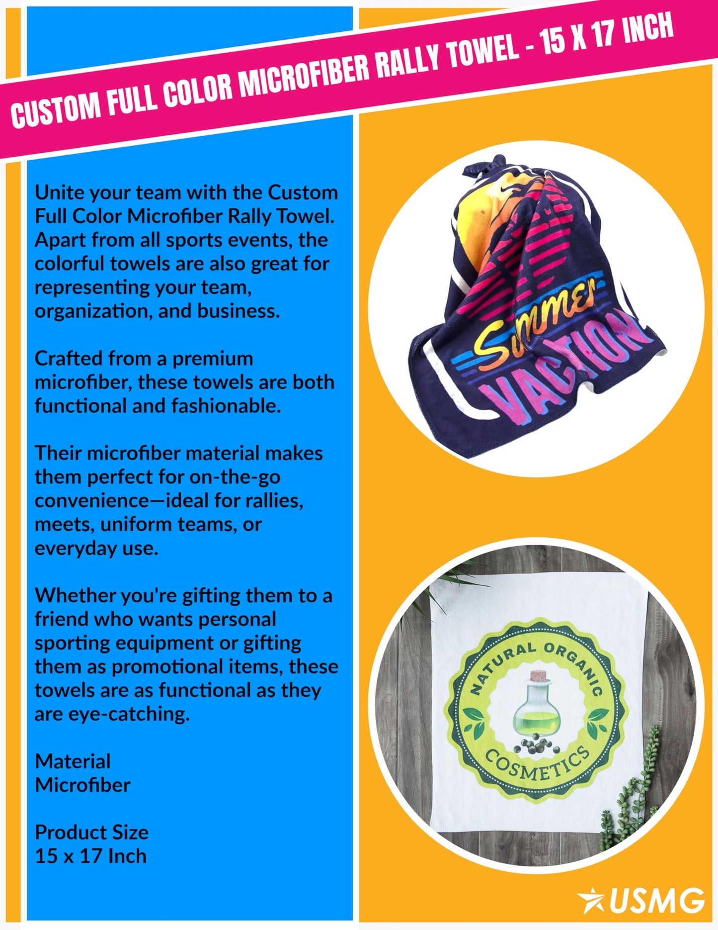 USMG Custom Full Color Microfiber Rally Towel – 15x17 Inch Personalized Team Spirit Towel for Sports Events, Gifts, Promotions, and Crowd Engagement (Red, Qty 100)