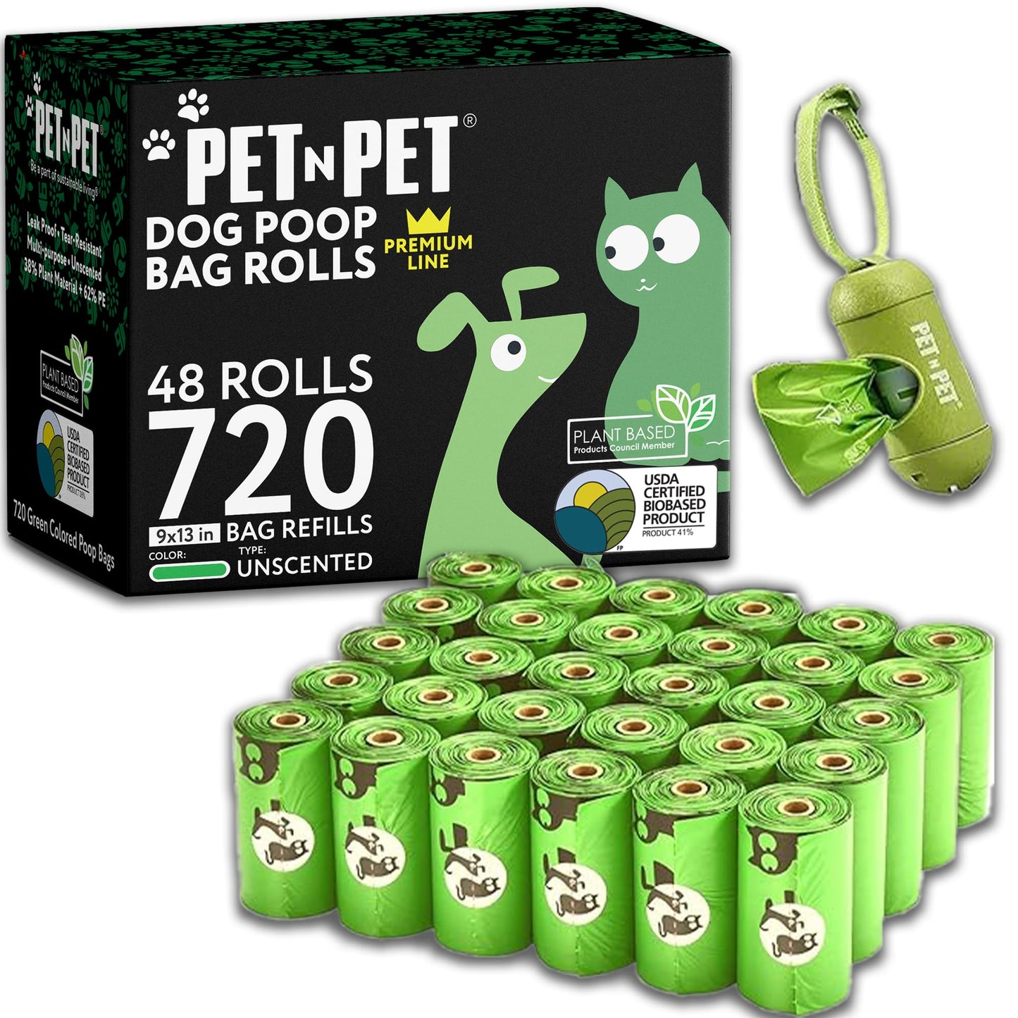 Pet N Pet 720 Counts, Unscented Dog Poop Bags Rolls, 38% Plant Based & 62% PE Poop Bags For Dogs with Dispenser, 48 Rolls Extra Thick Dog Waste Bag, Doggie Poo Bag