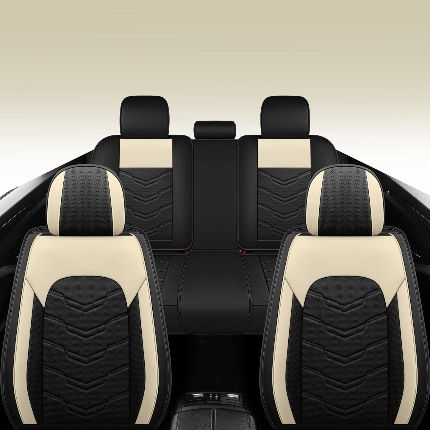 AOOG Leather Car Seat Covers 5 PCS Full Set, Breathable Faux Leatherette Automotive Seat Covers, Non-Slip Interior Covers Waterproof for Most Sedans SUV Trucks,Airbag Compatible,Beige&Black