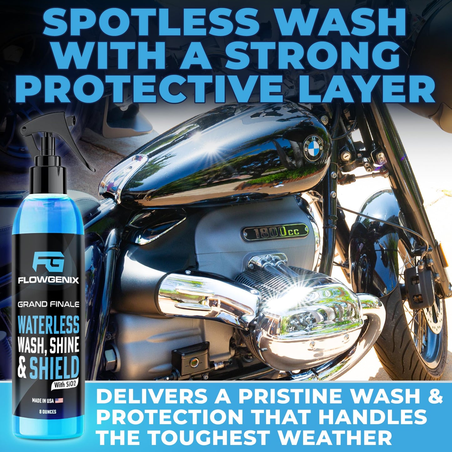 Flowgenix⢠Waterless Car Wash Spray - Grand Finale - Motorcycle Cleaner & Car Wax Spray Polish (8 oz) - Ceramic Coating - Incl. 2 Microfiber Towels - Quick Detailer Spray to Make Your Vehicle Shine