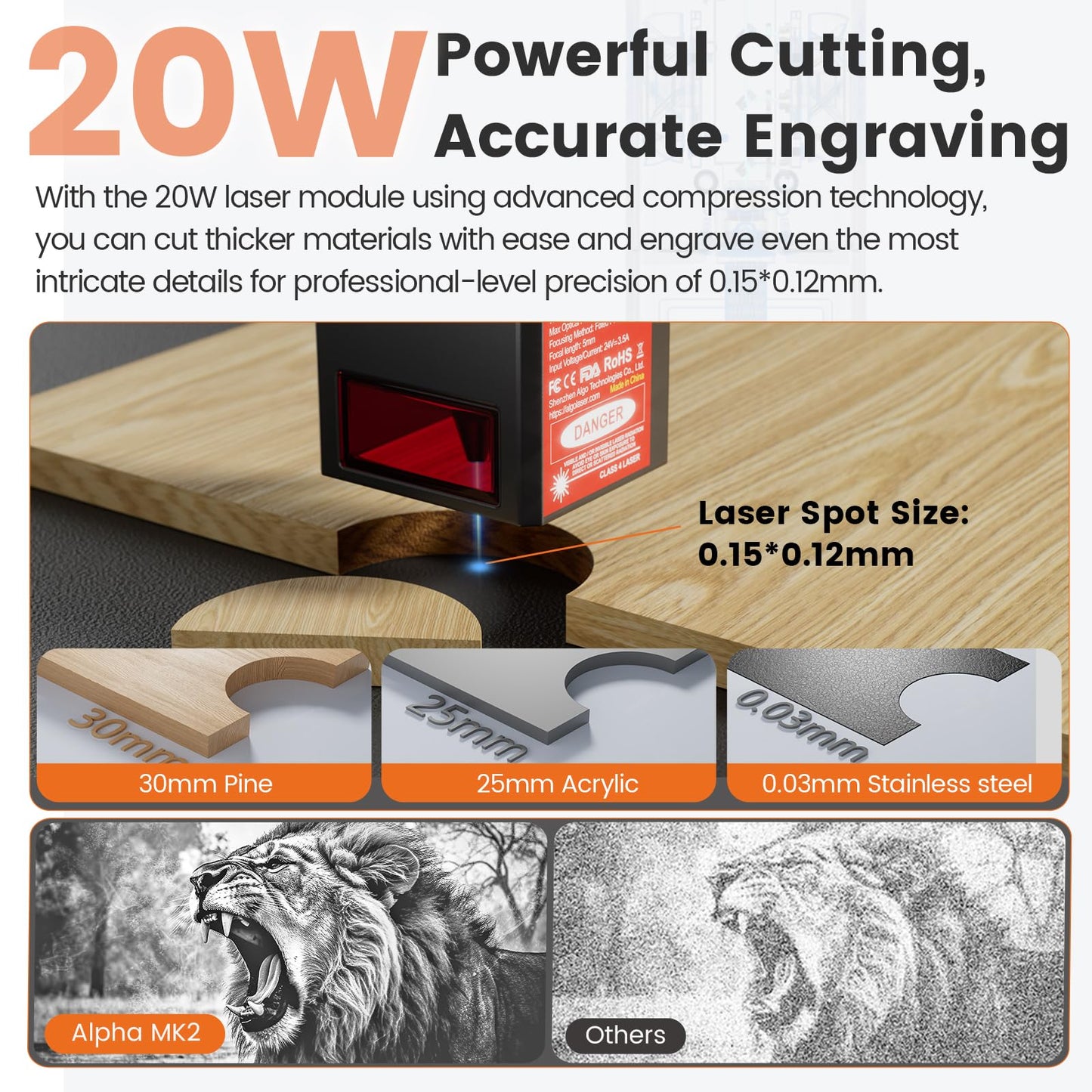 Algolaser 20W Laser Engraver Machine - Laser Cutter/Engraver with Air Assist Kit - Laser Engraving Machine with 3.5" Smart Touchscreen & 2.0 AlgoOS System, Laser Engraver for Wood,Metal,Glass