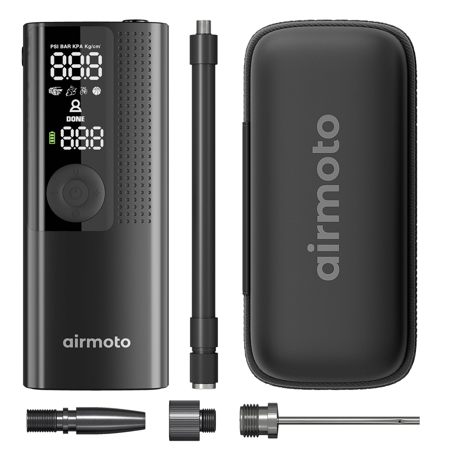 Airmoto and Carrying Case Bundle Deal - Tire Inflator Portable Air Compressor with Hard Case - Air Pump for Car Tires, Motorcycle, Bicycle - Cordless Tire Pump with Tire Pressure Gauge