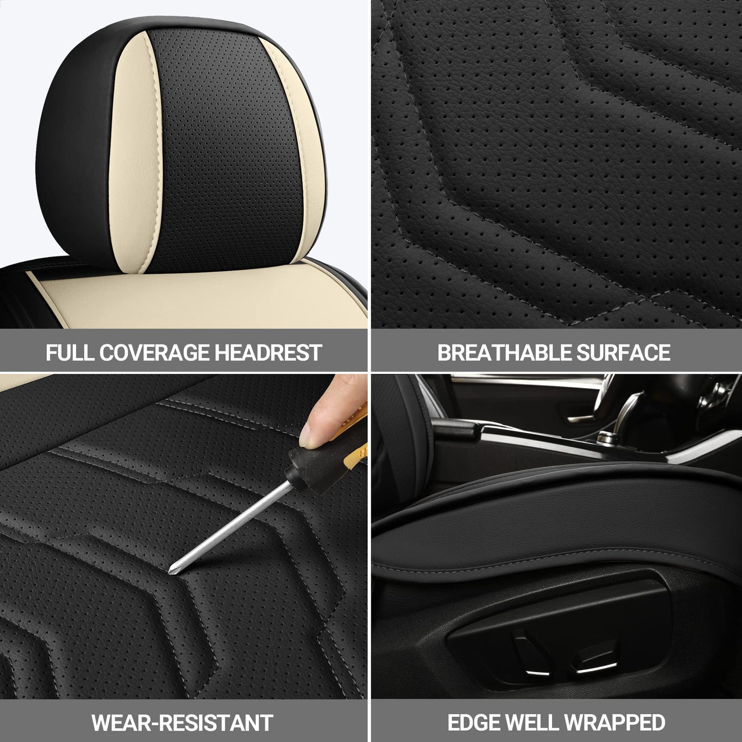AOOG Leather Car Seat Covers 5 PCS Full Set, Breathable Faux Leatherette Automotive Seat Covers, Non-Slip Interior Covers Waterproof for Most Sedans SUV Trucks,Airbag Compatible,Beige&Black