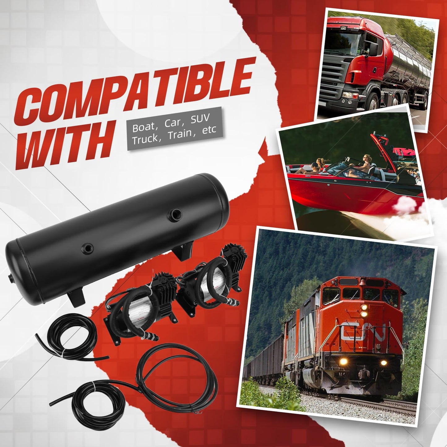 3 Gallon 6 Ports Compressed air Storage Tank 150PSI Air Compressor for Suspension/Air Ride/Bag/Car/Train/Truck Horn Aluminum 12 Liter Onboard System Air Suspension Compressor Kit (2PCS)