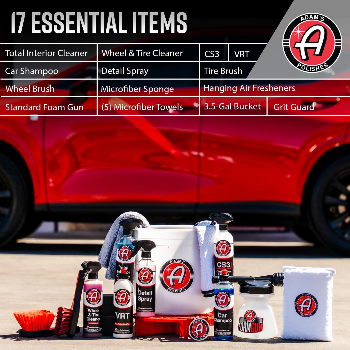 Adam's Essential Car Wash Kit (17-Item) - Auto Detailing Car Care Cleaning Kit with Foam Gun & Bucket Car & Truck Lovers, Dads, Moms and DIYers