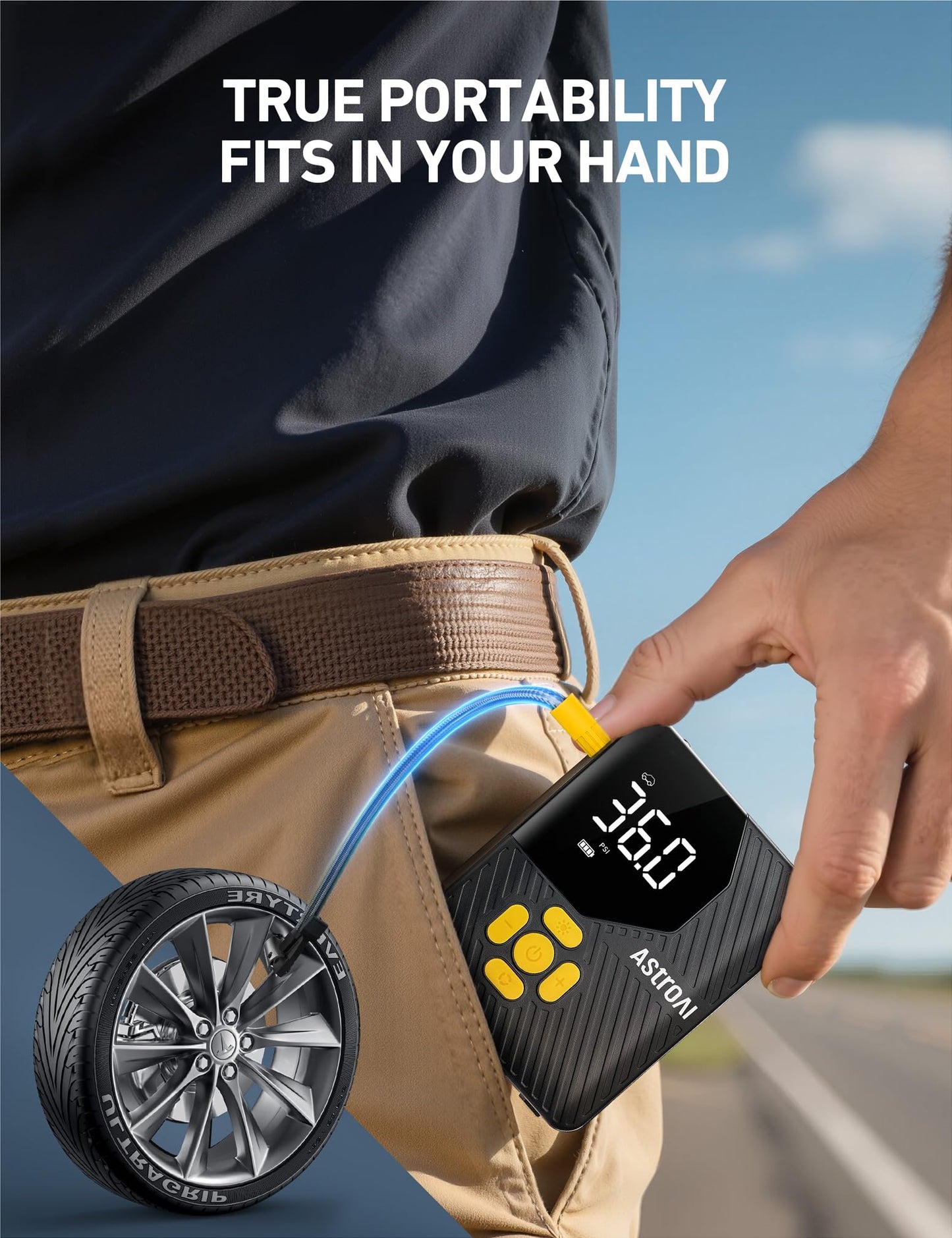 AstroAI L7 Mini Tire Inflator Portable Air Compressor,150 PSI Cordless Car Tires Air Pump with LED Lights&Pressure Gauge,Auto Shut-Off - Tire Pump for Auto,Motorcycle, Bicycle, Ball Yellow