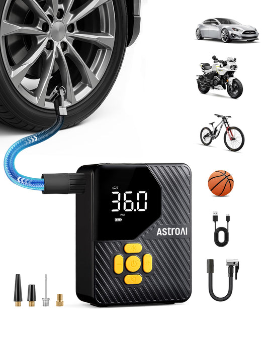 AstroAI L7 Mini Tire Inflator Portable Air Compressor,150 PSI Cordless Car Tires Air Pump with LED Lights&Pressure Gauge,Auto Shut-Off - Tire Pump for Auto,Motorcycle, Bicycle, Ball Yellow