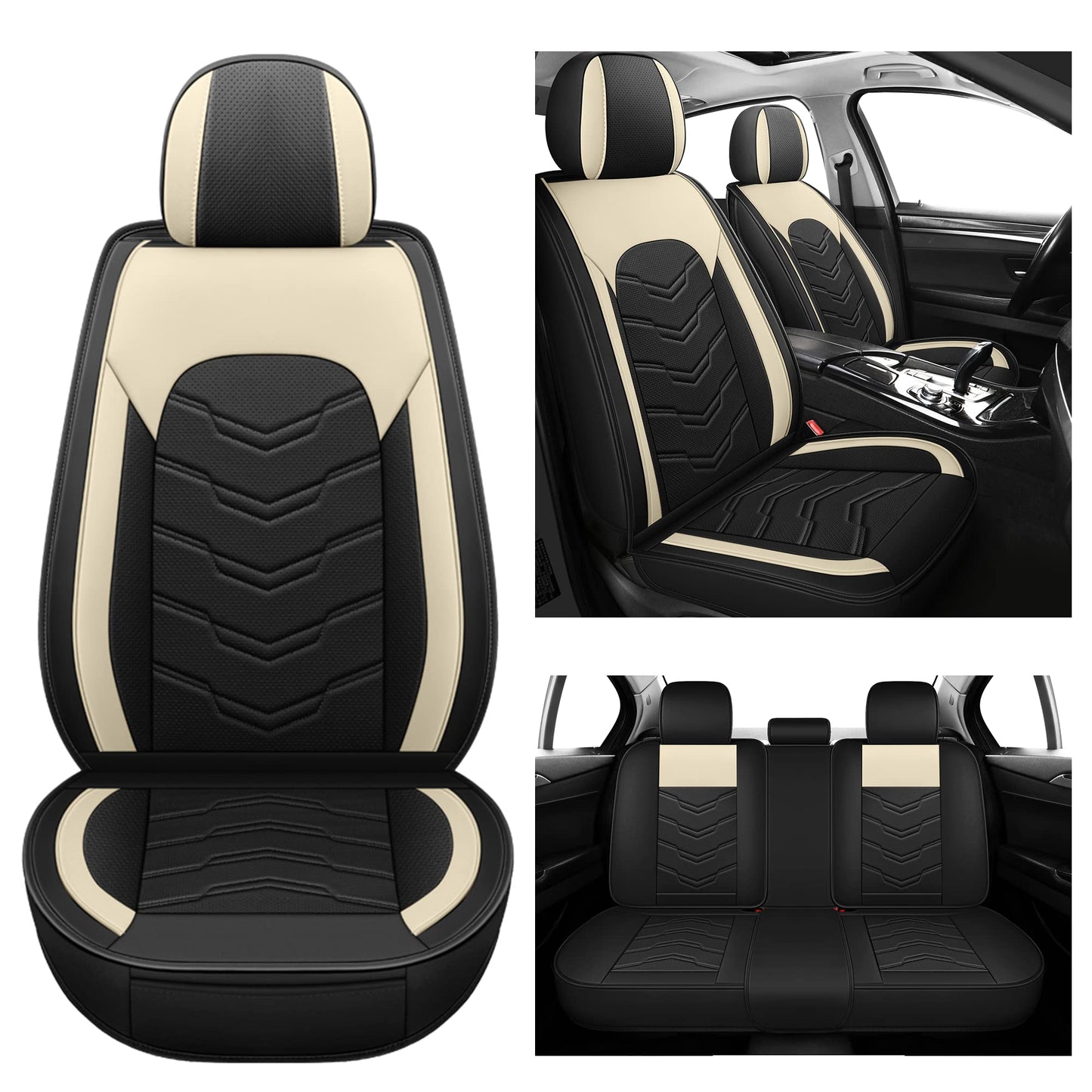 AOOG Leather Car Seat Covers 5 PCS Full Set, Breathable Faux Leatherette Automotive Seat Covers, Non-Slip Interior Covers Waterproof for Most Sedans SUV Trucks,Airbag Compatible,Beige&Black