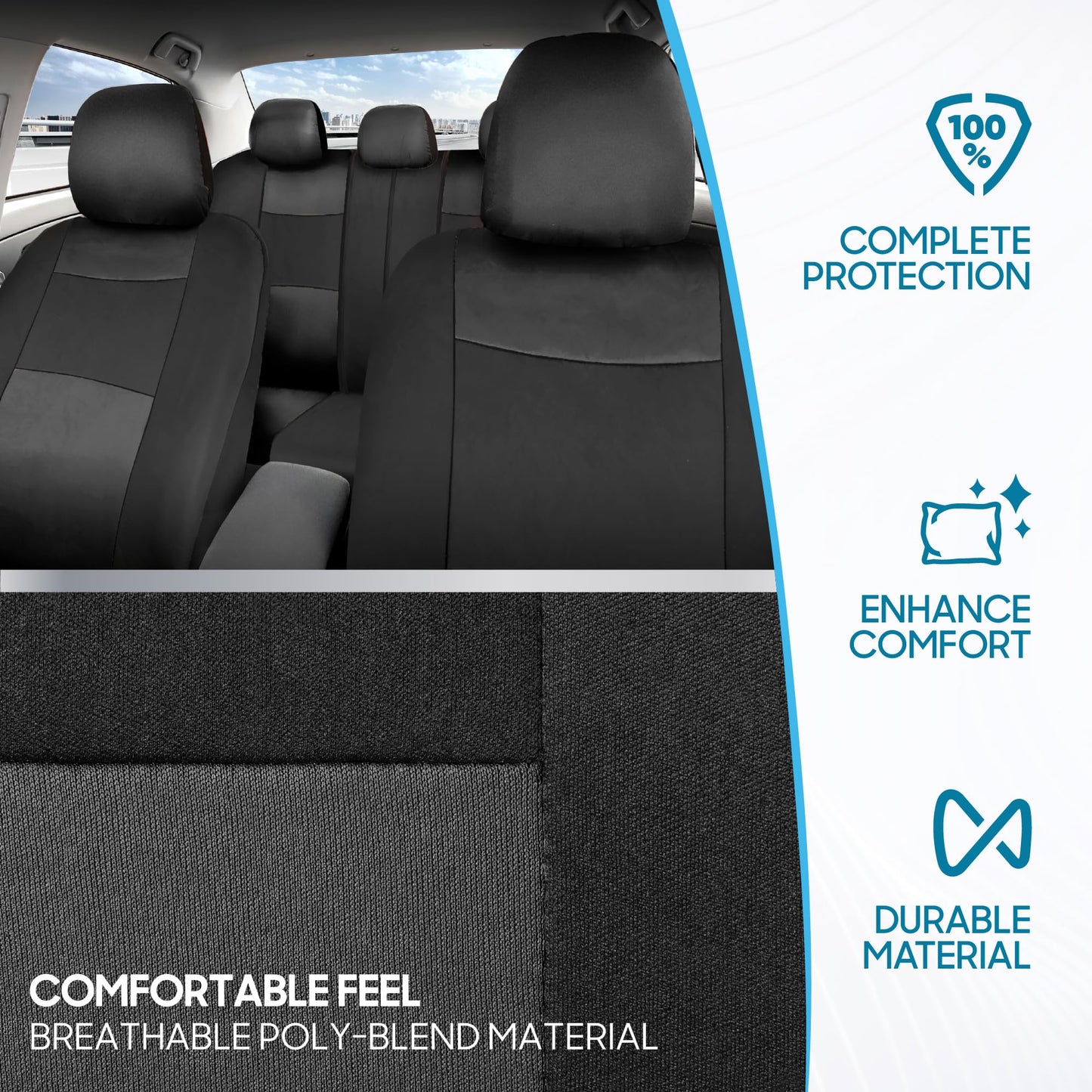 BDK PolyPro Car Seat Covers Full Set in Charcoal on Black – Front and Rear Split Bench for Cars, Easy to Install Cover Set, Accessories Auto Trucks Van SUV