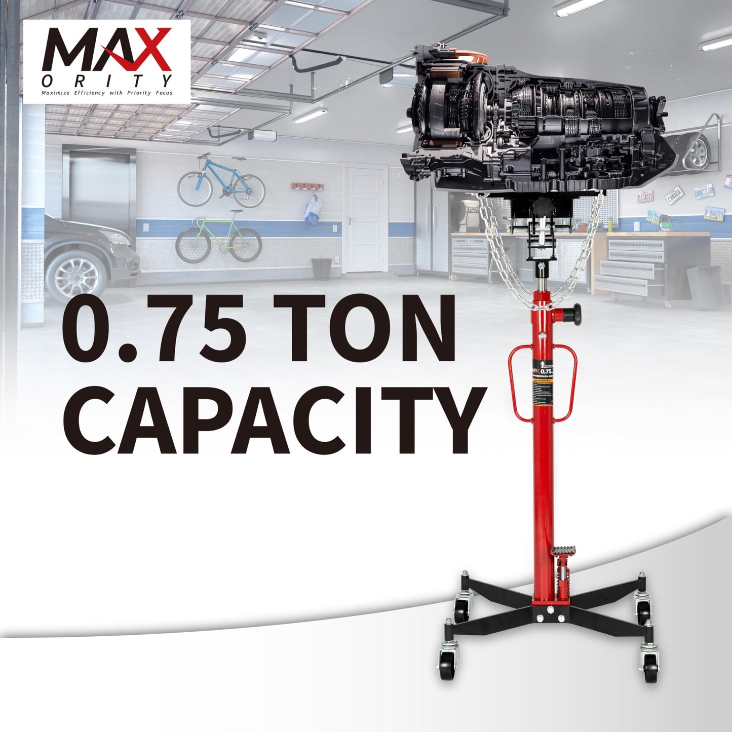 0.75 Ton (1660 lbs) Hydraulic Telescoping Transmission Jack with 360° Swivel Wheels, Foldable Foot Pedal, Adjustable Garage/Shop Lift Hoist for Auto Repair & Vehicle Maintenance