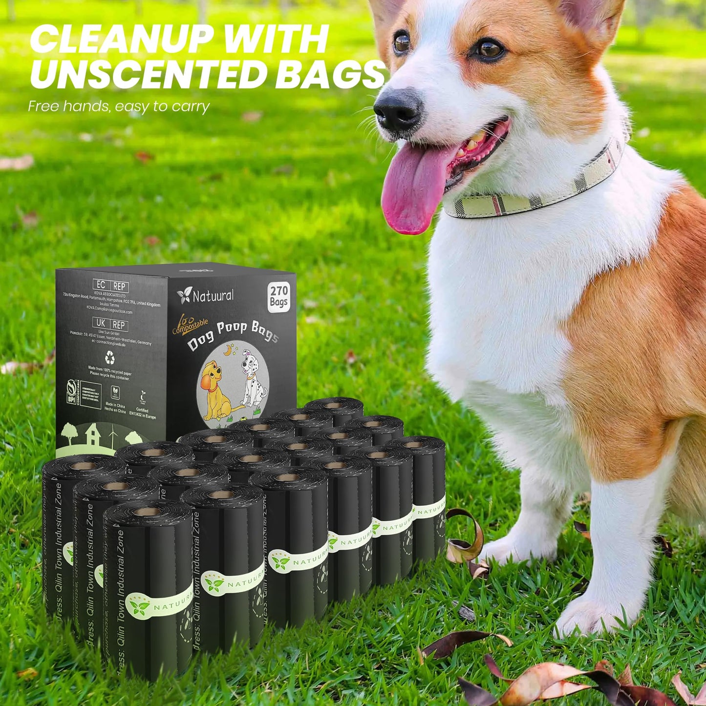 Certified Compostable Dog Poop Bags-270 Bags 18Rolls, Poop Bags for Dogs Made of Cornstarch - ASTM D6400 By USA, Leakproof Easy Open, Unscented Dog Waste Bags (Black)