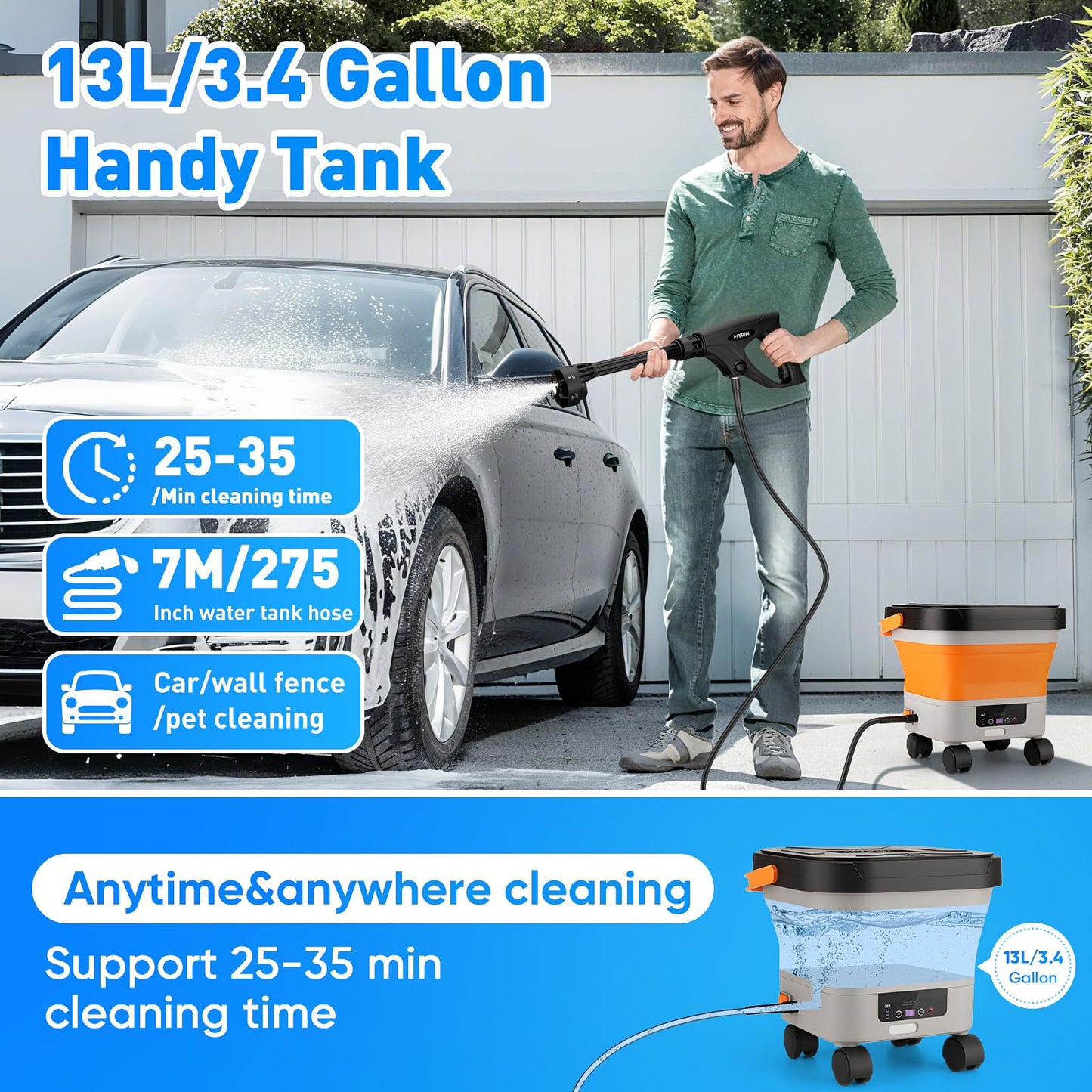 660PSI Portable Cordless Pressure Washer with Folding 3.4Gal Tank, 6-in-1 Nozzle, 7 Adjustable Pressure Levels, 7M Hose, Portable Sprayer with Wheels for Car Floor Wall Fence Cleaning, Pet Cleaning