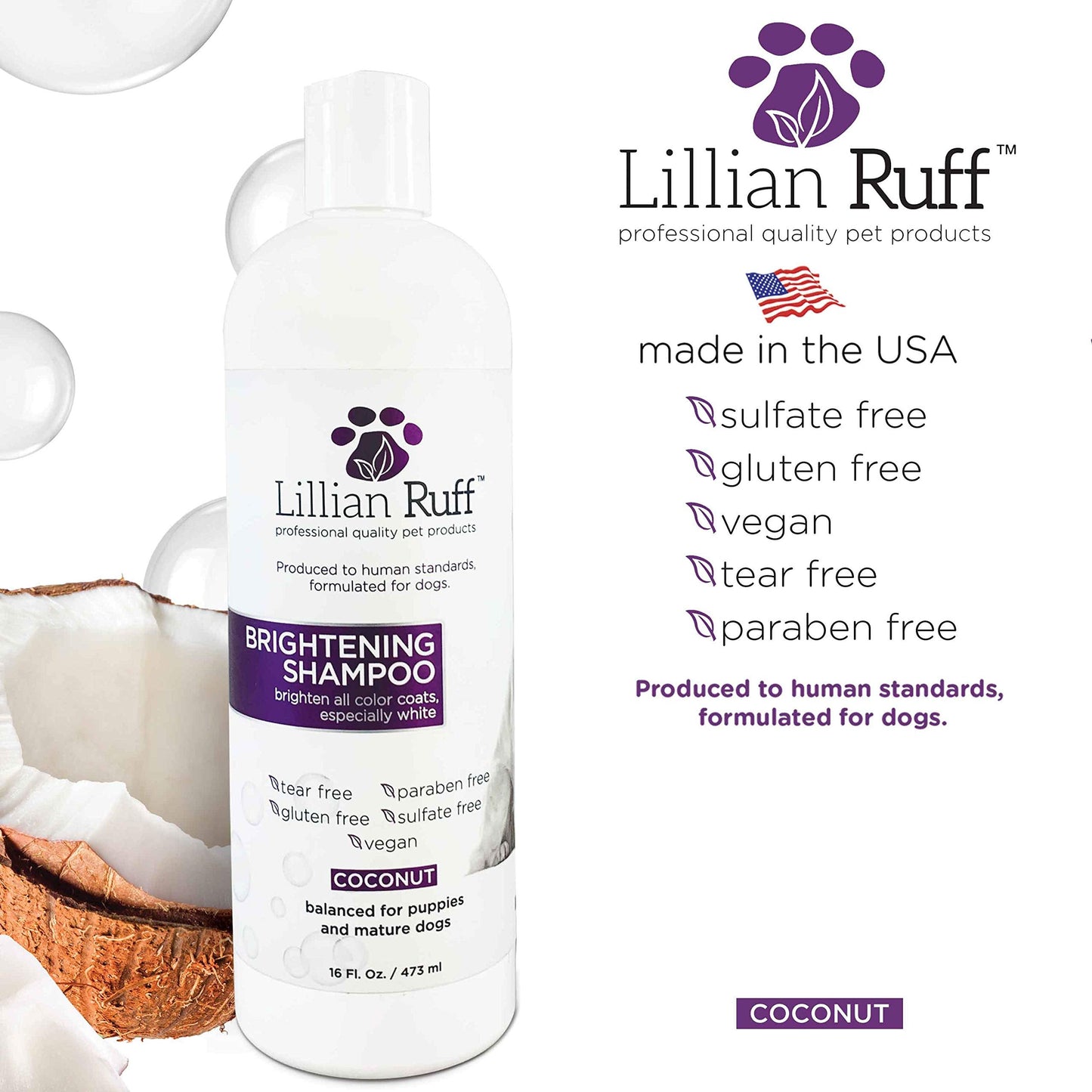 Lillian Ruff Ultra-Brightening Professional Whitening Shampoo for Dogs with Aloe & Coconut Oil for Dry Skin & Itch Relief - pH-Balanced Dog Whitening Shampoo Remove Stains, Yellowing, & Odor (16oz)