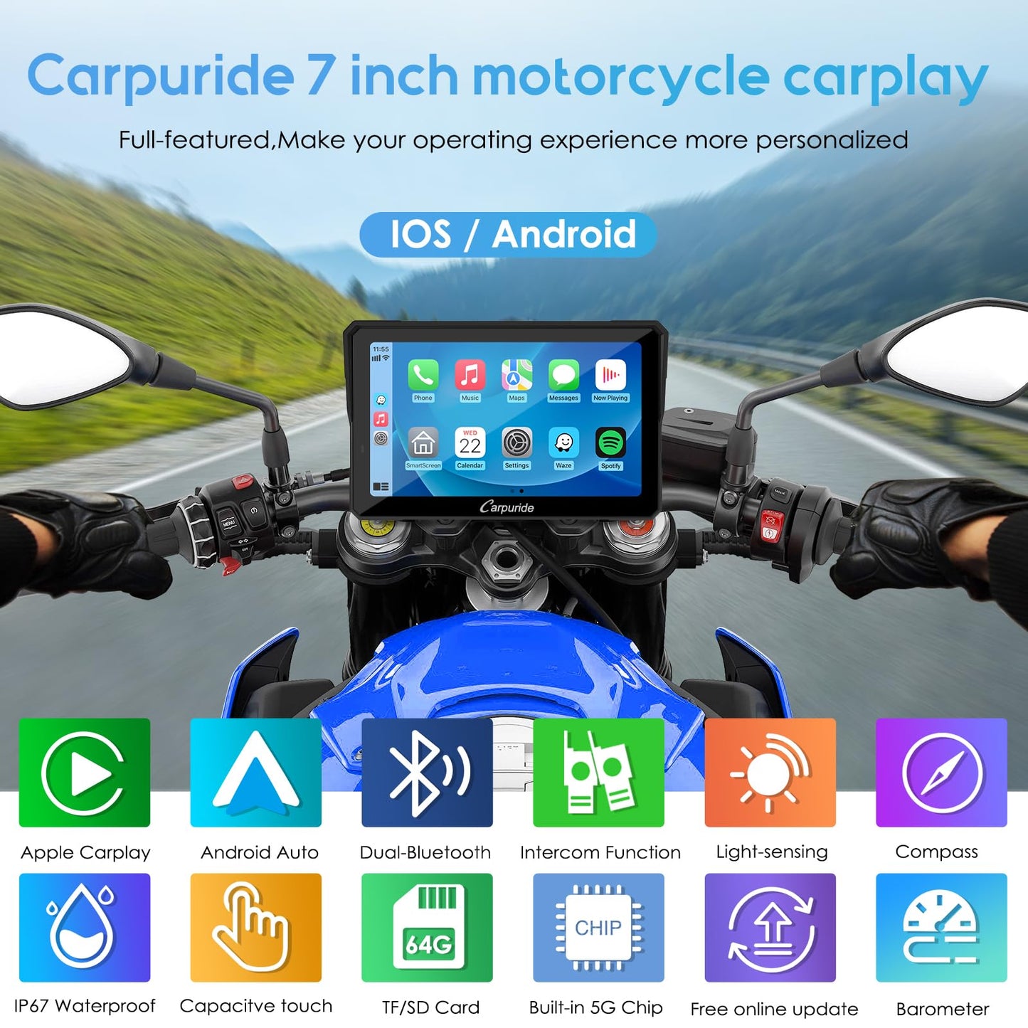 Carpuride W702PRO for Motorcycle CarPlay& Android Auto& Dual Bluetooth - 7" Waterproof GPS Navigation Screen for Motorbike, Music Sharing, Intercom, EQ, Light Sensor, Compass, Barometer
