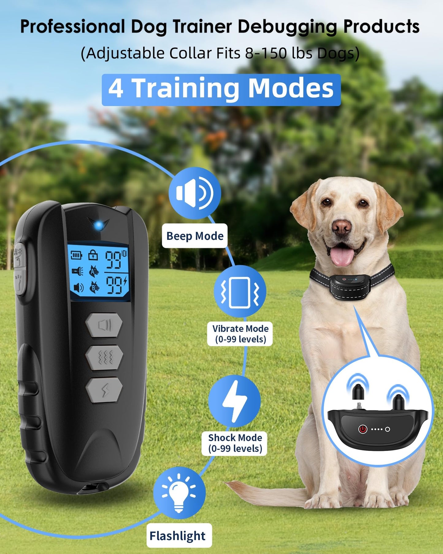 Dog Training Collar with Remote - Waterproof Shock Collar for Dogs Adjustable Levels (1-99) Beep Vibration Shock Flashlight Rechargeable Dog E Collar for Training Small Medium and Large Dogs