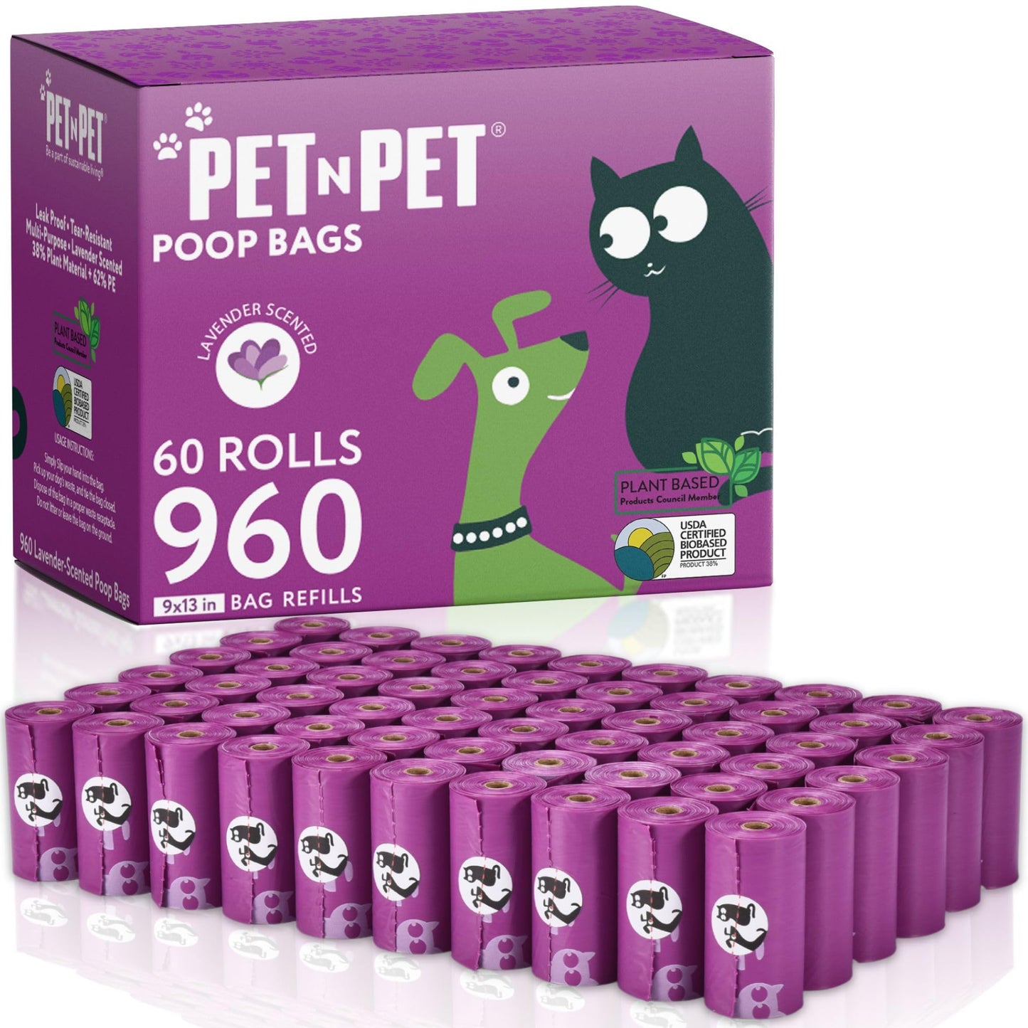 Pet N Pet Poop Bags for Dogs, 960 Counts Lavender Scented Dog Poop Bags Rolls, USDA Certified 38% Plant Based & 62% PE Dogs Waste Bag, Doggie Poo Bag
