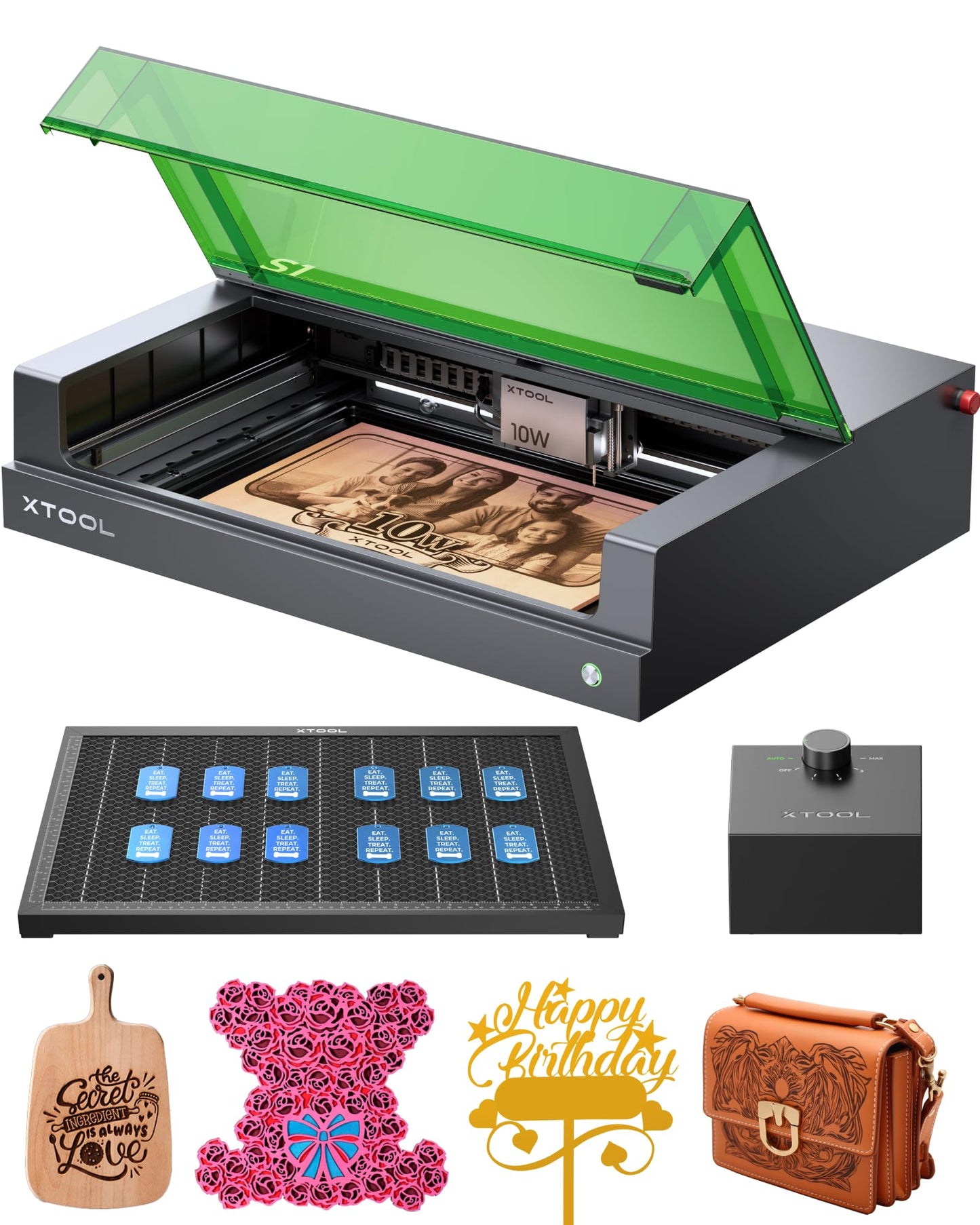 xTool S1 Laser Engraver and Cutter Machine with Air Assist & Honeycomb, 23.93" x 15.16" Bed Size, Beginner-friendly, Class 1 Safety Laser Engravering Machine for Wood and Metal, Acrylic - Basic Bundle