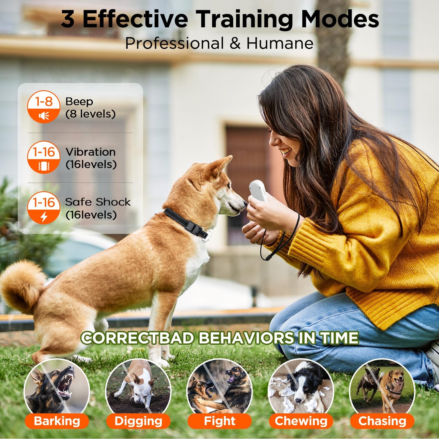 Dog Shock Collar, 3300ft Dog Training Collar with Remote, IPX7 Waterproof Rechargeable Sleek Modern Shock Collar for Small, Medium, Large Dogs with Beep, Vibration, Safety Shock, Light Mode, 8-120 lbs