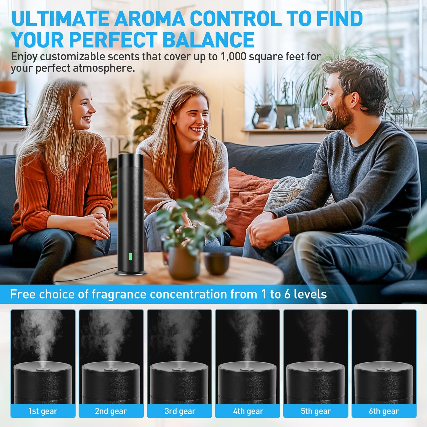 Waterless Scent Diffuser Starter Kit - 800 Sq Ft Coverage, Hotel Scent Diffuser, Essential Oil Diffuser Large Room, Included 5 Scent Oils, Remote Control, Black, 11.20In