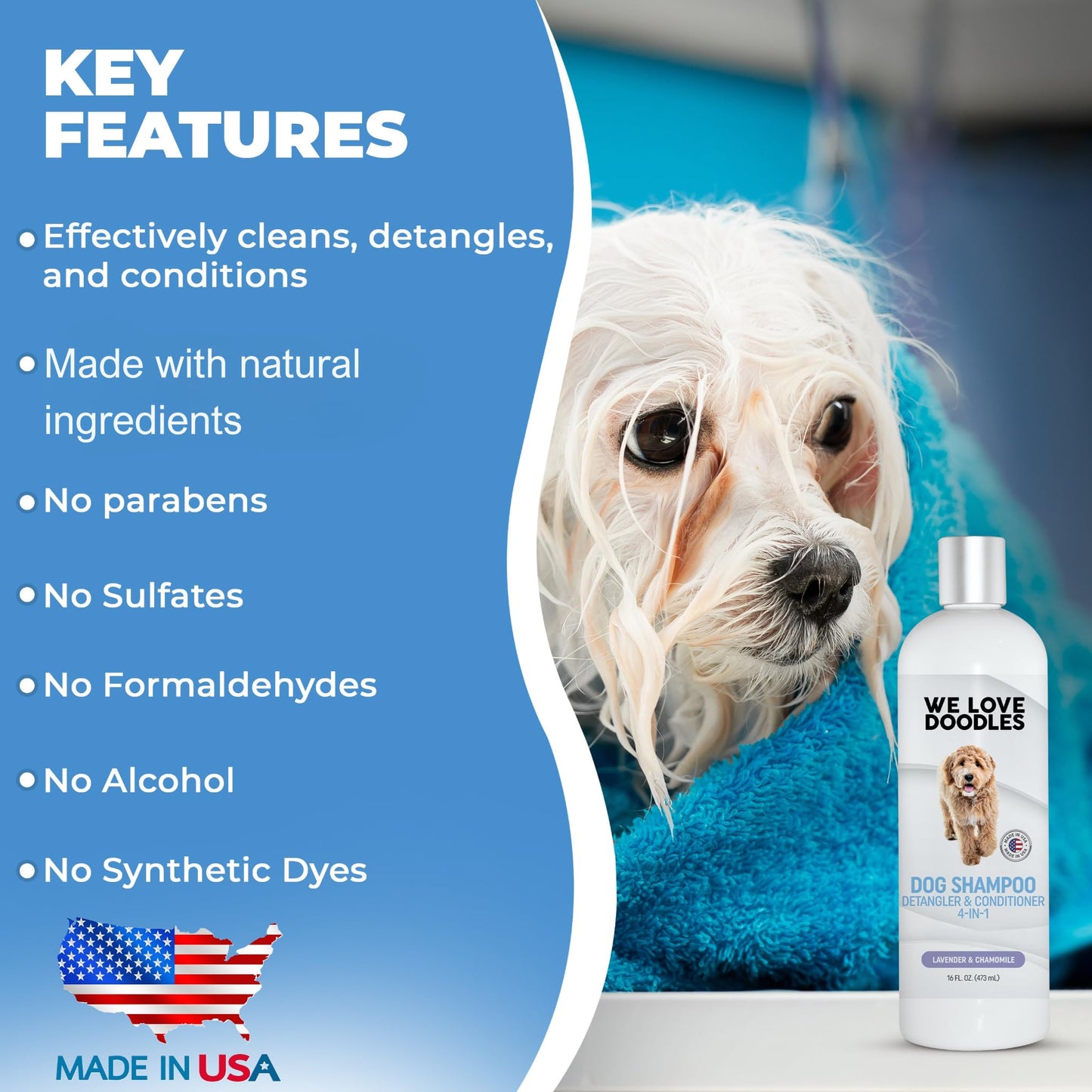 Dog Shampoo, Conditioner & Detangler - Best Shampoo for Goldendoodles, Poodles & Doodles - for Matted Pet Hair - Sensitive Skin Shampoo for Puppies - Made in The USA, 16OZ (Lavender)