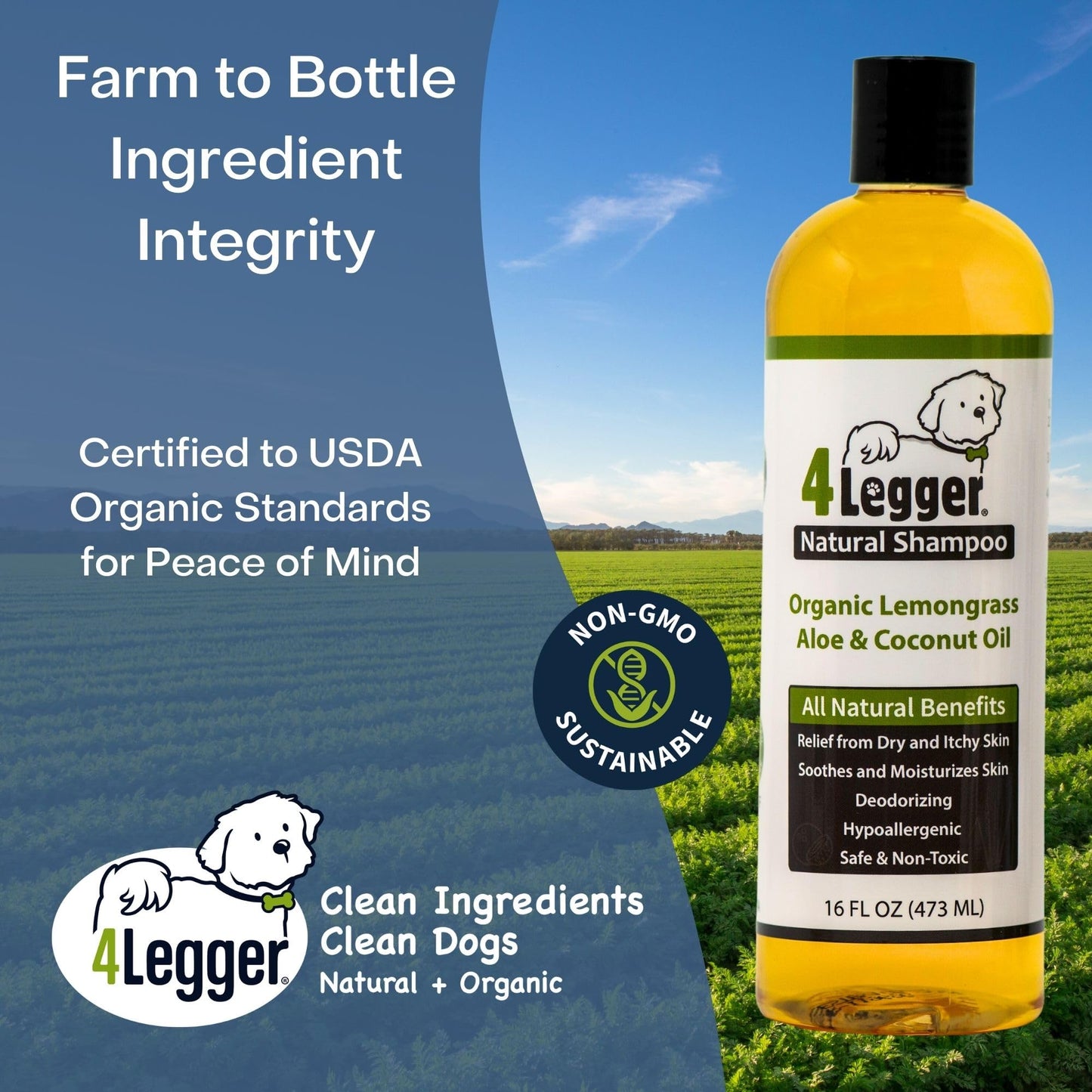 4-Legger Certified Organic Dog Shampoo - All Natural and Hypoallergenic with Aloe and Lemongrass, Soothing for Normal, Dry, Itchy or Allergy Sensitive Skin - Biodegradable - Made in USA - 16 oz