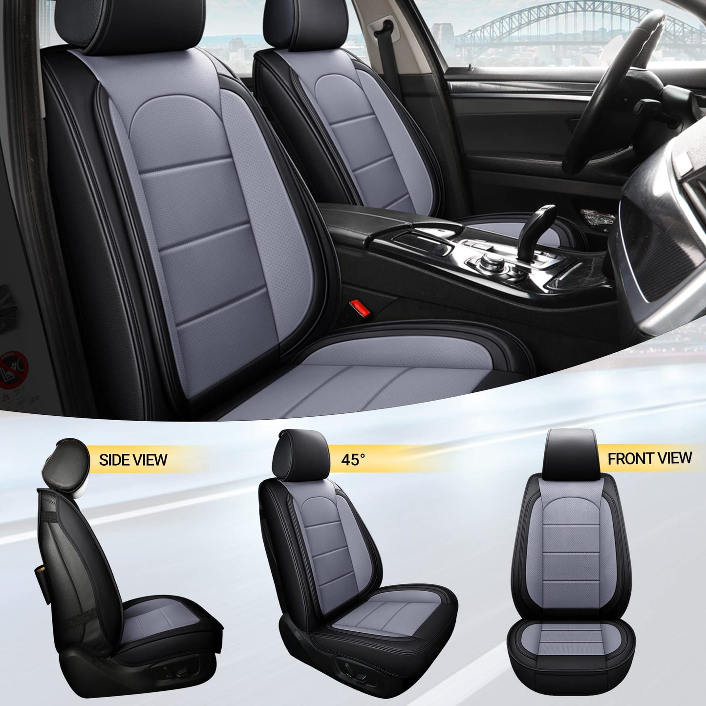 AOOG Leather Car Seat Covers with Car Backseat Organizer, Universal Automotive Vehicle Seat Cover for Most Sedan SUV Pick-up Truck, Full Set, Black&Grey