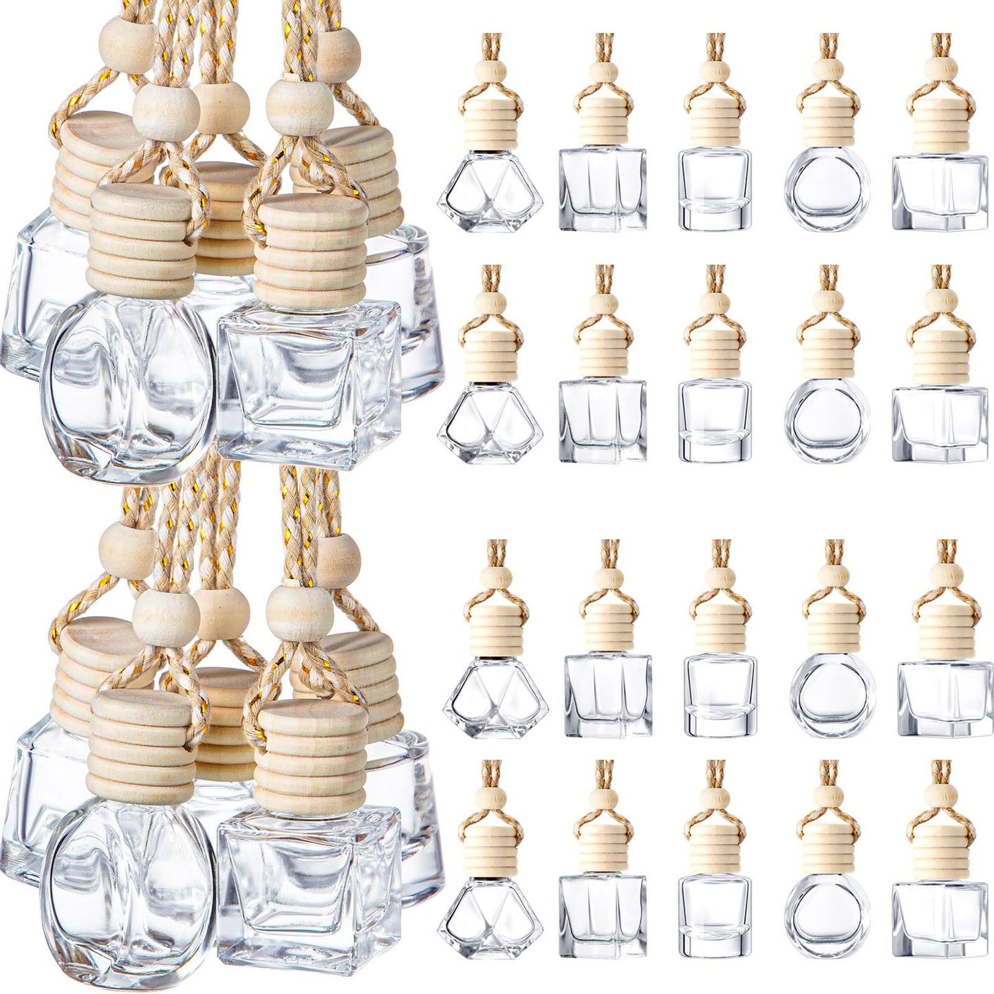 Zubebe 500 Pcs Hanging Car Diffuser Bottles Bulk, 5 Styles Empty Glass Refillable Air Freshener Bottles with Wooden Cap for Perfume Essential Oils Fragrance Aromatherapy Ornament, 8ml 10ml