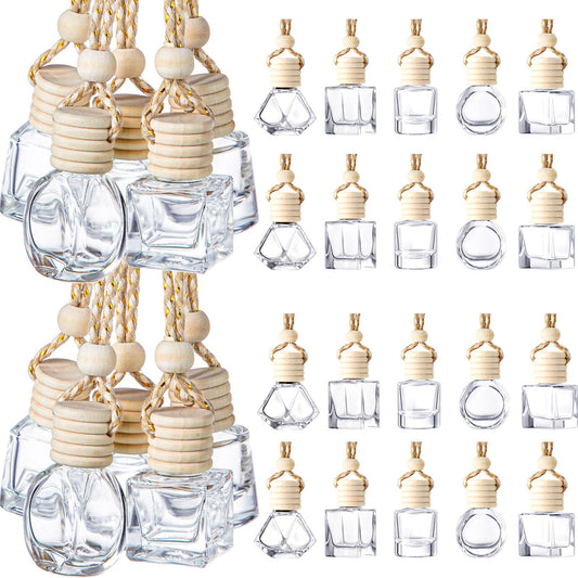 Zubebe 500 Pcs Hanging Car Diffuser Bottles Bulk, 5 Styles Empty Glass Refillable Air Freshener Bottles with Wooden Cap for Perfume Essential Oils Fragrance Aromatherapy Ornament, 8ml 10ml