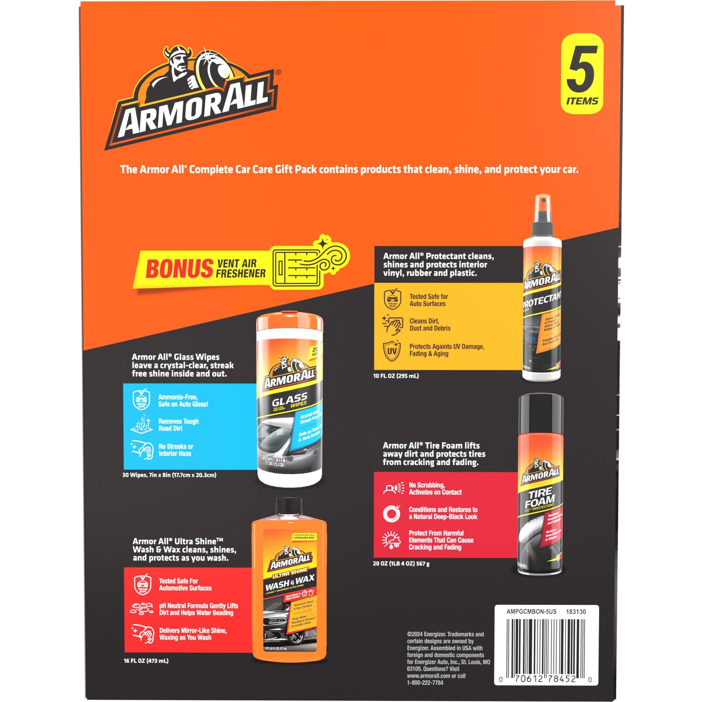 Armor All Car Wash and Car Cleaner Kit by Armor All, Includes Glass Wipes, Car Wash & Wax Concentrate, Protectant Spray and Tire Foam
