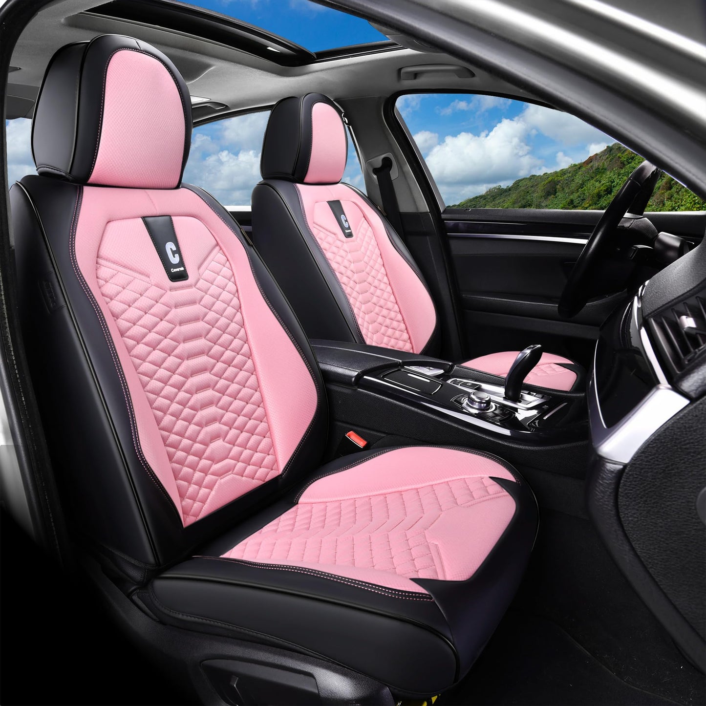 Coverado Car Seat Covers Full Set, 5 Seats Universal Seat Covers for Cars, Breathable Fabric& Faux Leather Auto Seat Cushions, Front and Rear Seat Protectors Fit for Most Sedans SUV Truck, Pink