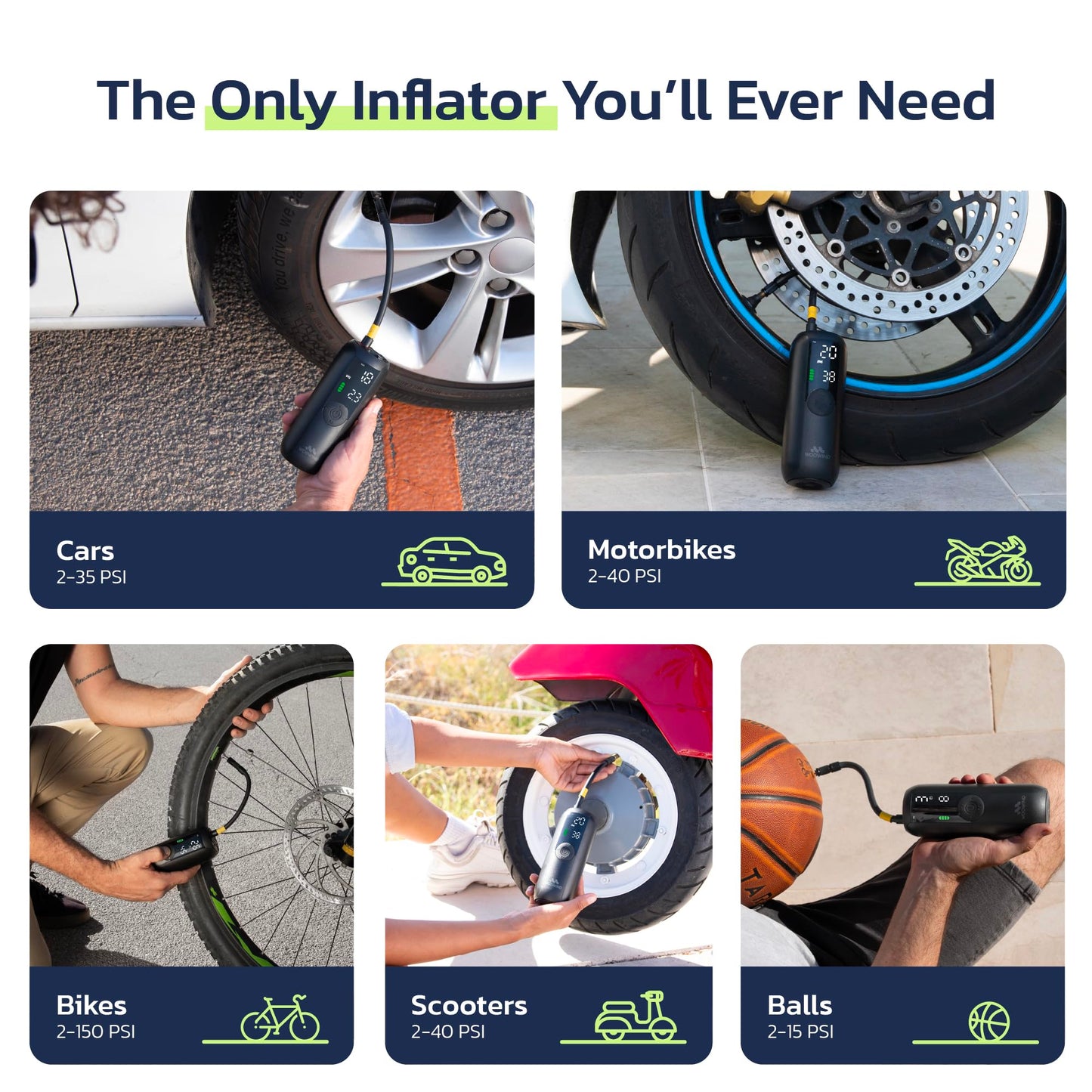 Woowind Tire Inflator Portable Air Compressor, Electric Bike Tire Pump with Gauge, Air Pump for Car Tires, 150PSI, Mobile Air Compressor for Car, Motorcycle