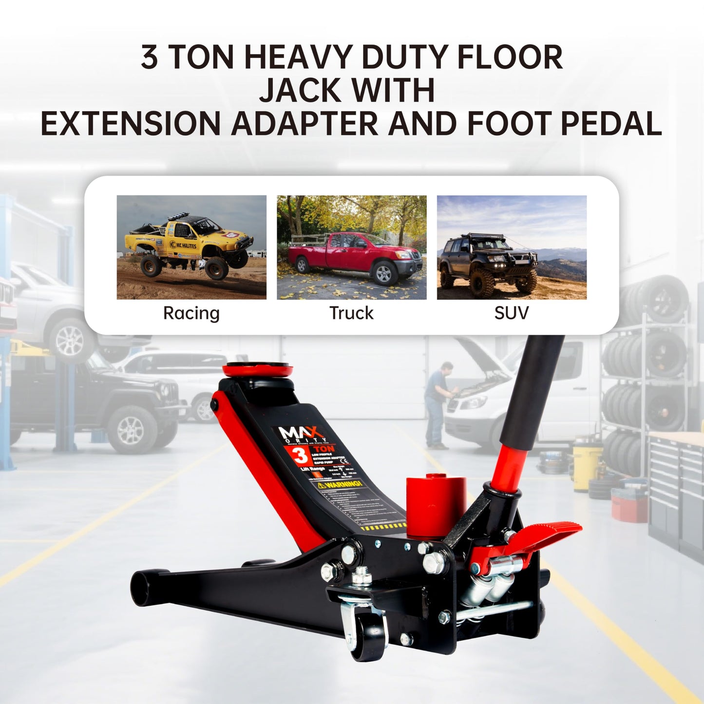 3-Ton (6600lbs) Low-Profile Dual Pistons Heavy-Duty Steel Racing Floor Jack with Quick Lift Hydraulic Pump, Foot Pedal and Extension Adapter for Car Maintenance