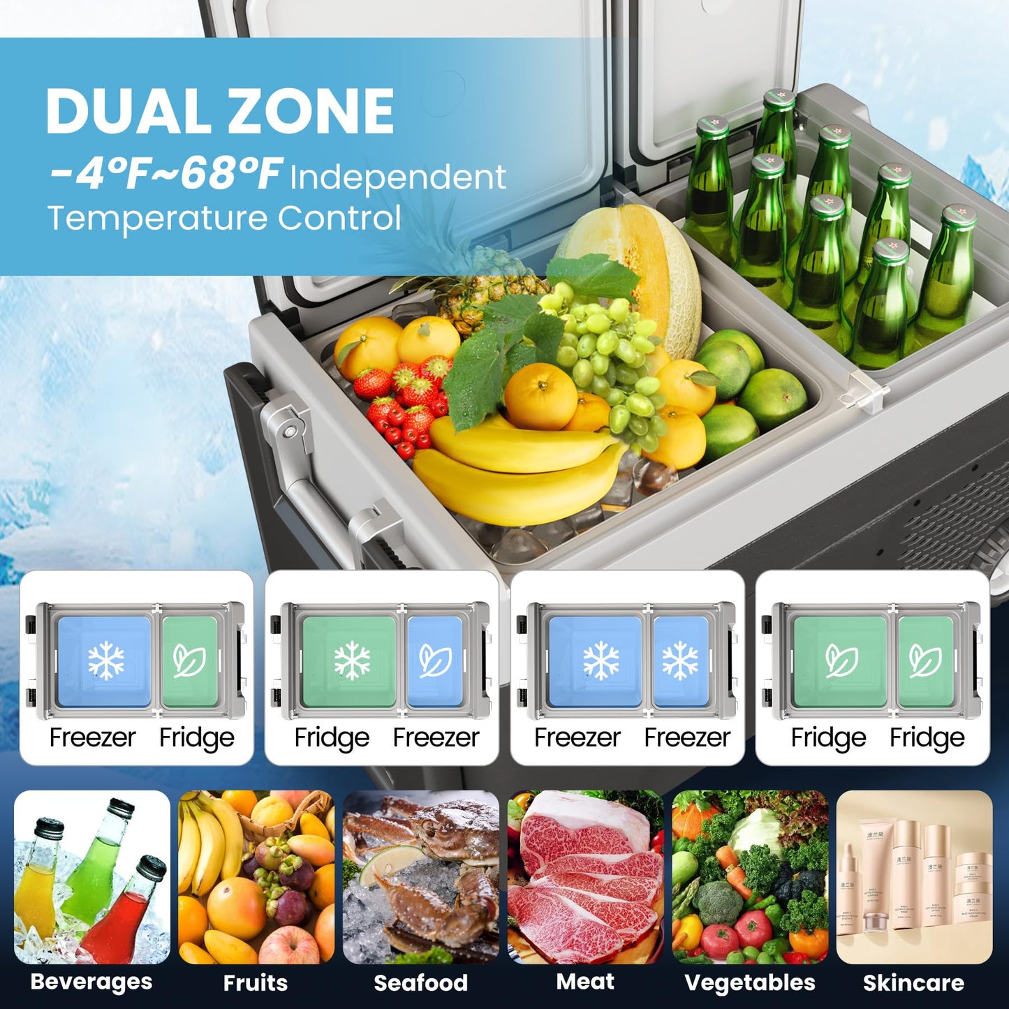 51 QT(48L) Portable Car Electric Cooler, 12V Refrigerator Fridge Freezer for Car, Dual Zone, -4℉~68℉, App Control, Wheels, AC/DC Charger for Camping, Picnic, Travel, Road Trip, Black