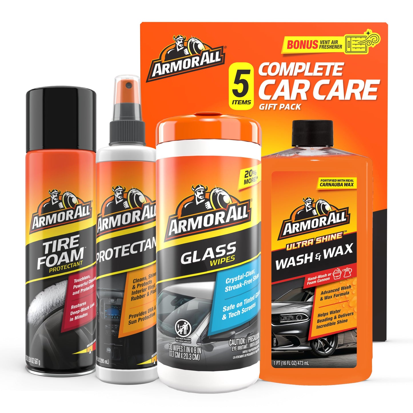 Armor All Car Wash and Car Cleaner Kit by Armor All, Includes Glass Wipes, Car Wash & Wax Concentrate, Protectant Spray and Tire Foam