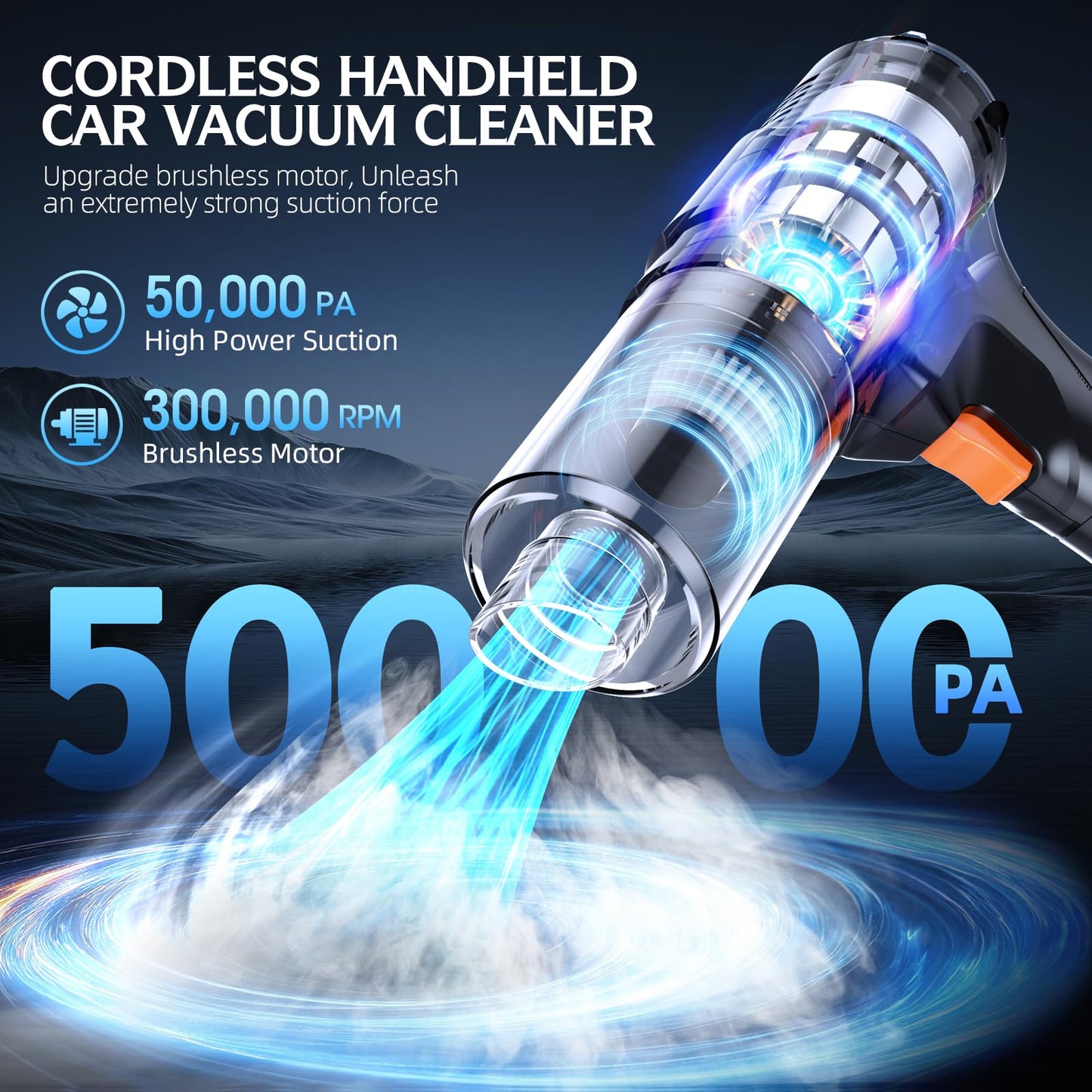 Cordless Handheld Car Vacuum Cleaner, 50,000Pa High-Power Rechargeable Dust Buster with 2 Batteries & Charger, 6-in-1 Portable Vacuum Cleaners for Home, Car, Pet Hair, Keyboard, Black