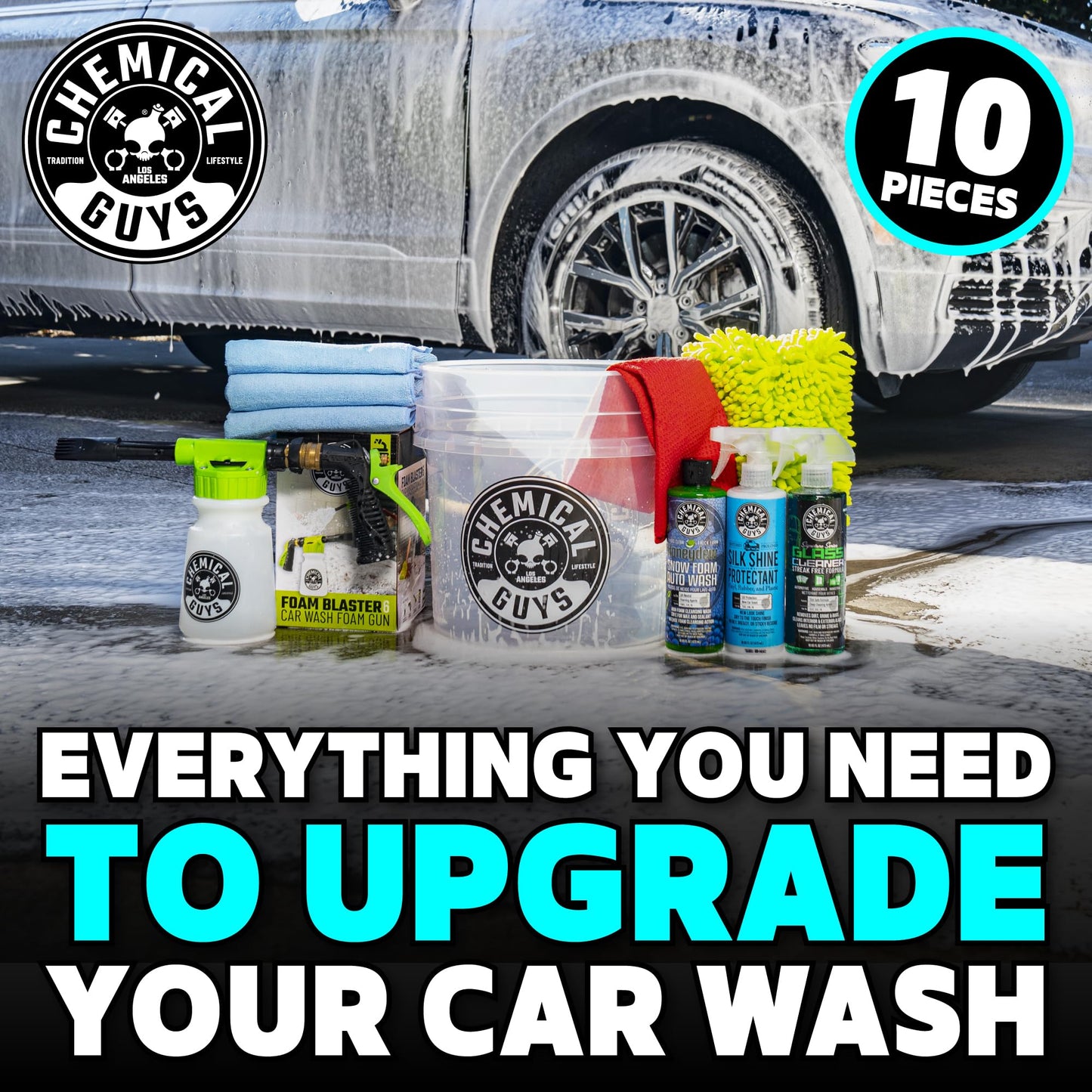 Chemical Guys HOL148 10-Piece Arsenal Builder Car Wash Kit with Foam Gun, Bucket, (4) Towels, Wash Mitt and (3) 16 oz. Car Cleaning Chemicals (Works w/Garden Hose) – 2024 Version
