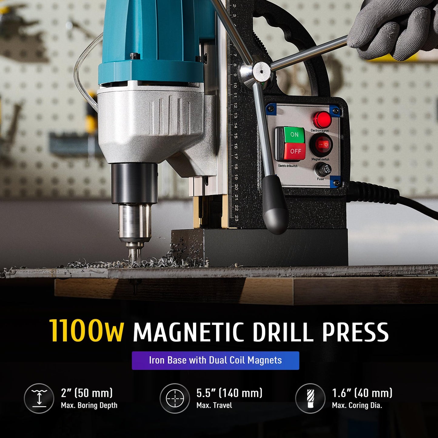 ZELCAN 1100W Mag Drill Press, Portable Magnetic Drill Press with 1.6" Boring Diameter, Heavy Duty Magnetic Drill with 11 Drill Bits, 2700 lbf 550 rpm Electric Drilling Machine with All-Copper Motor