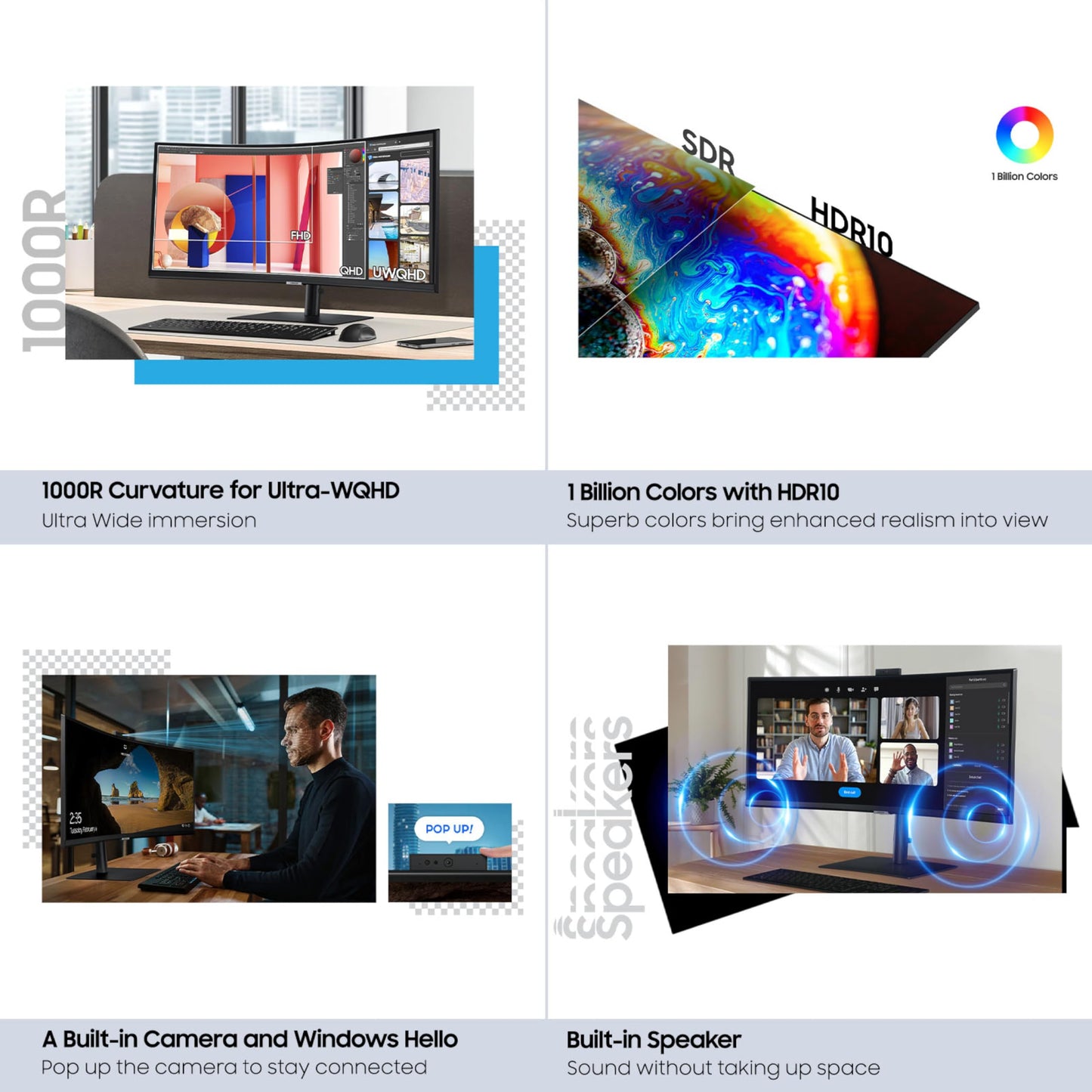 SAMSUNG 34-Inch ViewFinity S65VC Series Ultra-WQHD Curved Computer Monitor, 100Hz, AMD FreeSync, HDR10, USB-C, Built-in Speaker, Camera, KVM Switch, Eye Care, Eco-Packaging, LS34C650VANXGO, Black