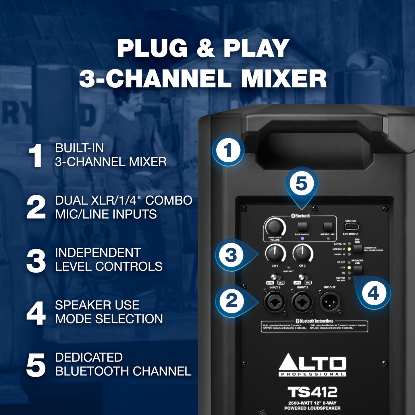 ALTO TS412 2500W 12" Powered PA Speaker with 3 Channel Mixer, Bluetooth Streaming, Wireless Loudspeaker Linking, DSP App