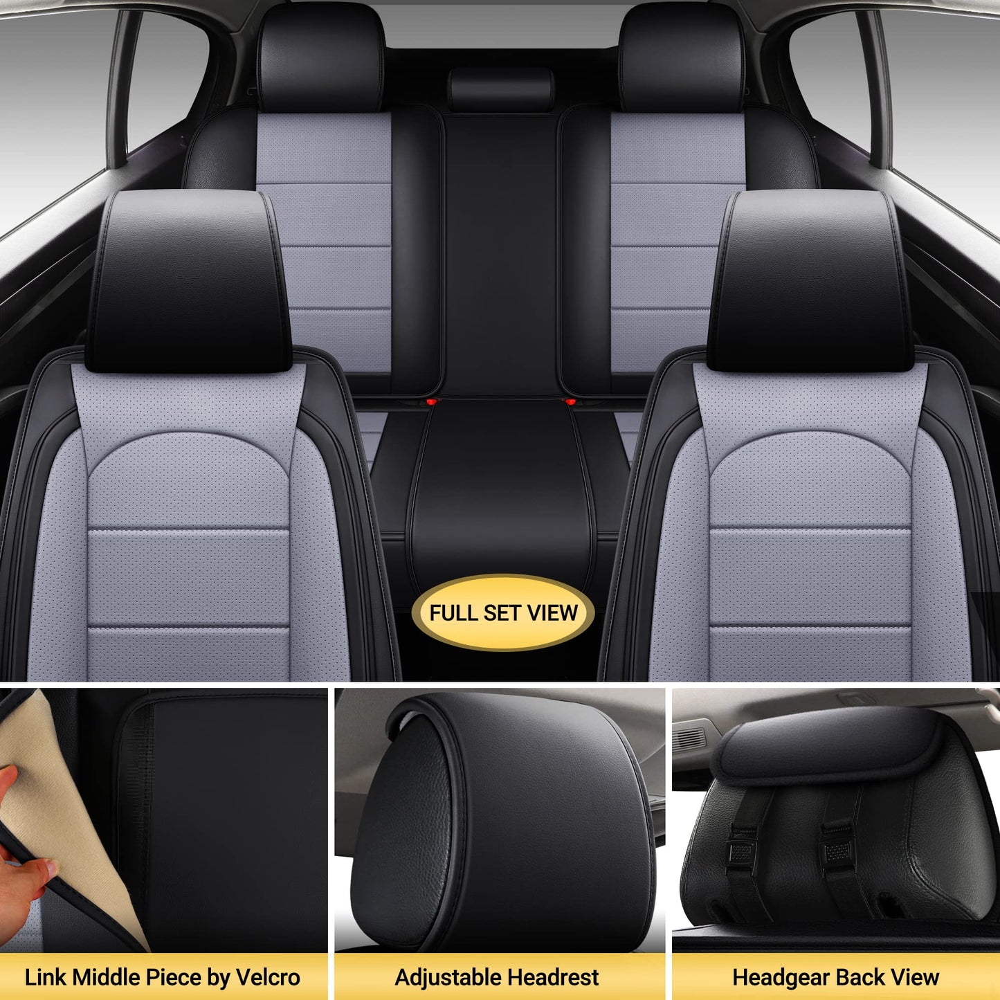 AOOG Leather Car Seat Covers with Car Backseat Organizer, Universal Automotive Vehicle Seat Cover for Most Sedan SUV Pick-up Truck, Full Set, Black&Grey