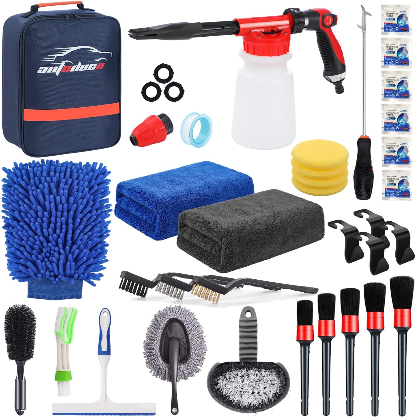 AUTODECO 33Pcs Car Wash Detailing Kit Cleaning Kits with Foam Gun Sprayer Brush Large Wash Mitt Towels Complete Interior Exterior Car Washing Supply Set Blue