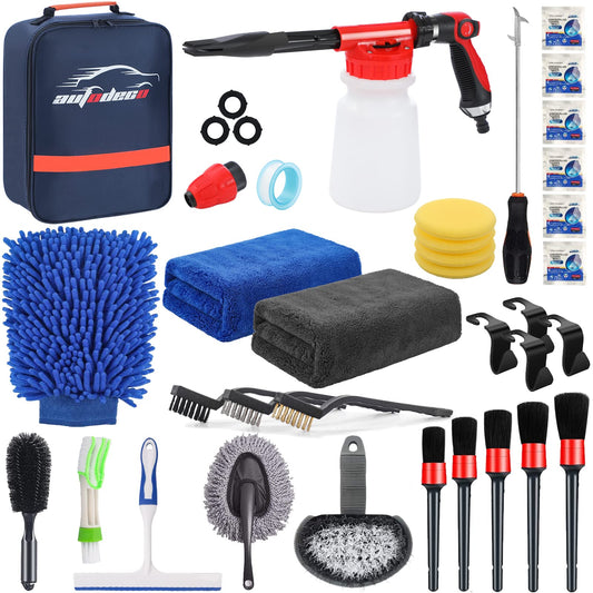 AUTODECO 33Pcs Car Wash Detailing Kit Cleaning Kits with Foam Gun Sprayer Brush Large Wash Mitt Towels Complete Interior Exterior Car Washing Supply Set Blue