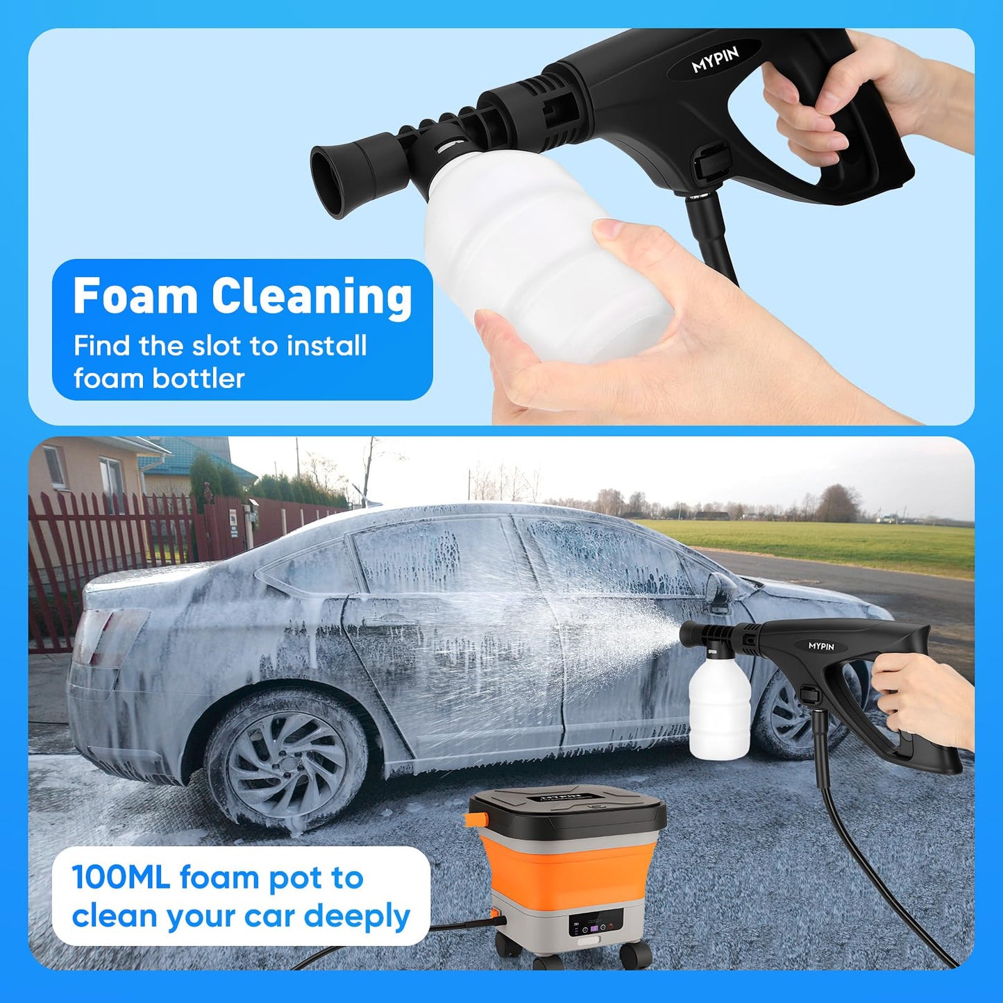 660PSI Portable Cordless Pressure Washer with Folding 3.4Gal Tank, 6-in-1 Nozzle, 7 Adjustable Pressure Levels, 7M Hose, Portable Sprayer with Wheels for Car Floor Wall Fence Cleaning, Pet Cleaning