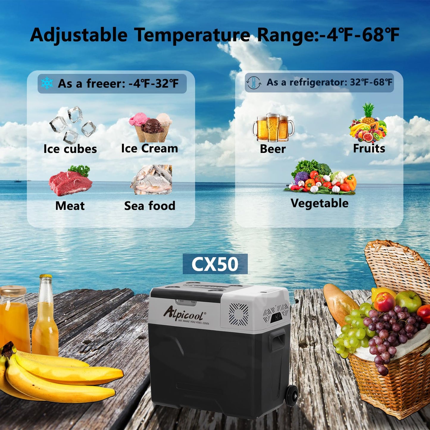 Alpicool CX50 Portable Refrigerator 50 Quart(47.3 Liter) with Trolley Vehicle, Car, Truck, RV, Boat, Mini Fridge Freezer for Driving, Travel, Fishing, Outdoor-12/24V DC