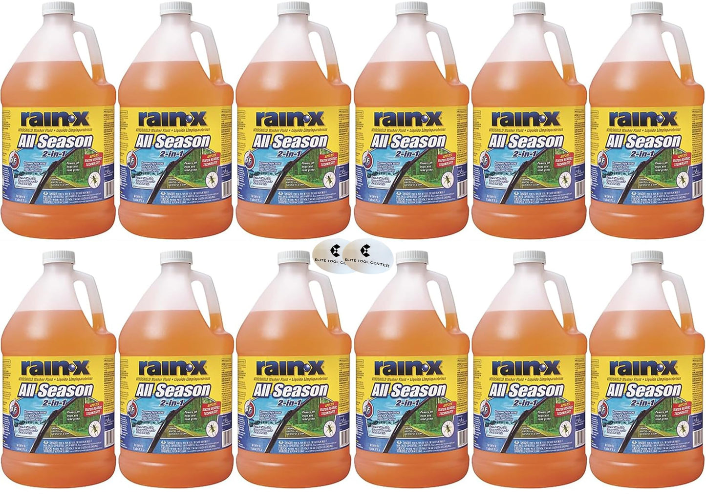 12 Pack Rain X All Season 2-In-1 Windshield Washer Fluid 1-Gallon Jug, 0°F De-Icer, Rain Repellant & Bug Remover With Stickers