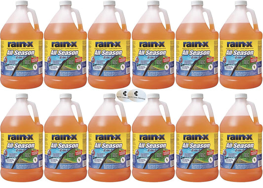 12 Pack Rain X All Season 2-In-1 Windshield Washer Fluid 1-Gallon Jug, 0°F De-Icer, Rain Repellant & Bug Remover With Stickers