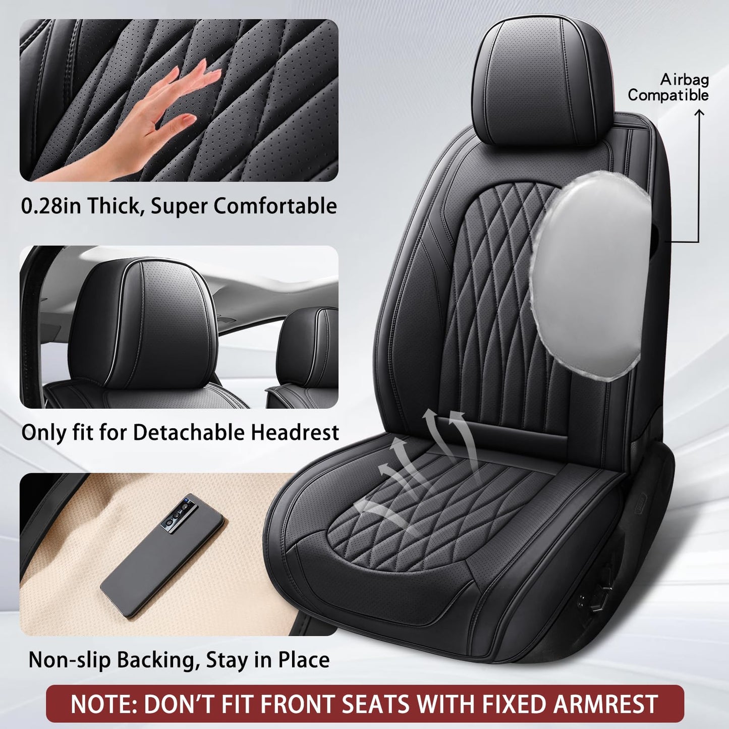 WELLDO Car Seat Covers Full Set, Leather Seat Covers for Cars, Car Seat Protector Waterproof, Non-Slip Car Interior Covers Full Set Universal Automotive Seat Covers for Most Cars SUVs, Black